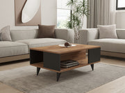 Mesa de Centro Elegante de 2 Andares, Nogueira e Preto, 90 x 60 x 39,5 cm | Revestimento 100% Melamina, 18 mm de Espessura | Conceito Elegante de Mármore com Armazenamento Adicional