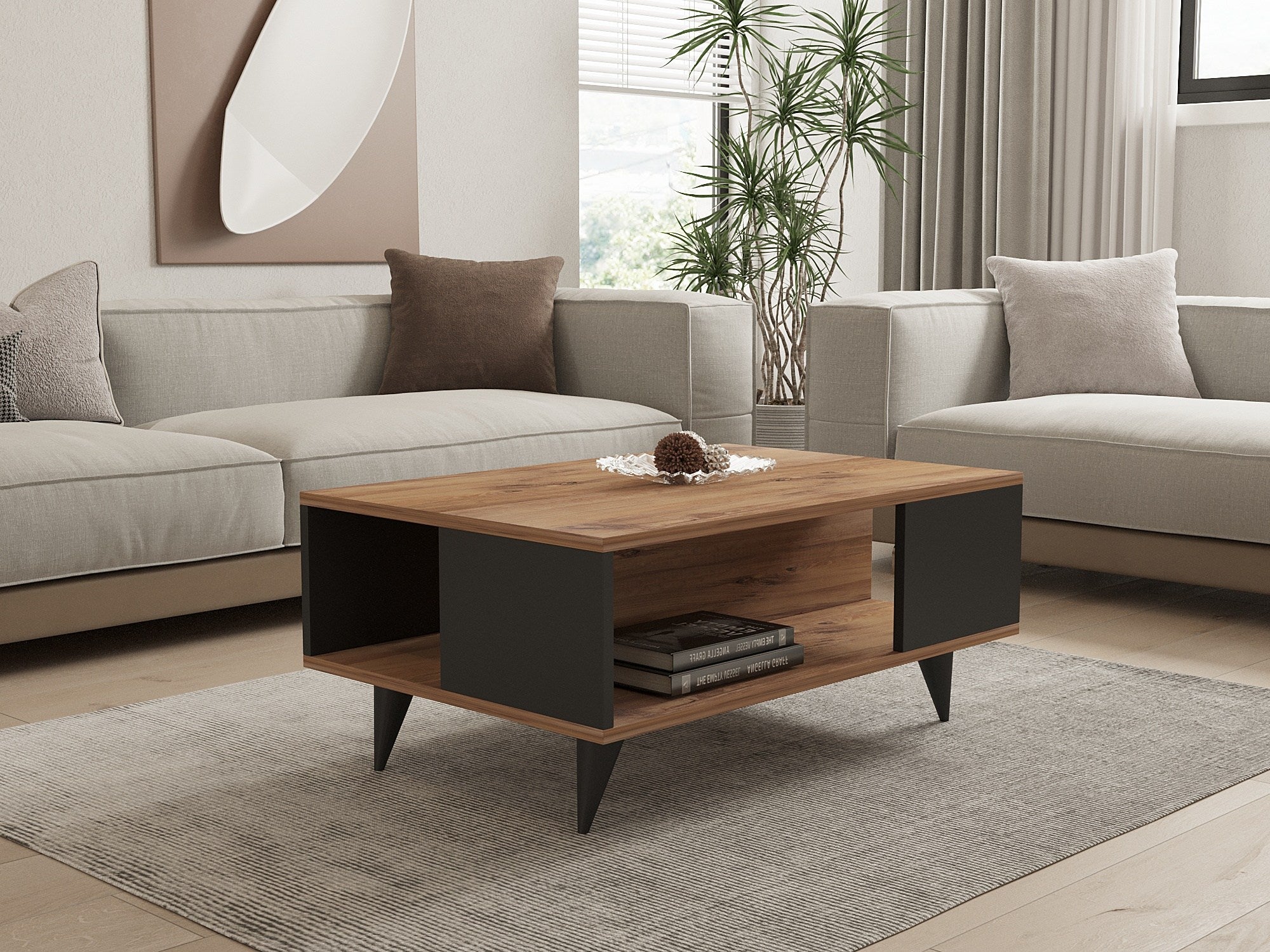 Mesa de Centro Elegante de 2 Andares, Nogueira e Preto, 90 x 60 x 39,5 cm | Revestimento 100% Melamina, 18 mm de Espessura | Conceito Elegante de Mármore com Armazenamento Adicional