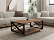 Mesa de centro industrial de 2 andares com pés com rodinhas, pinho atlântico, 98 x 60 x 33,6 cm | 100% revestida em melamina, 18 mm de espessura | Solução de armazenamento elegante e funcional