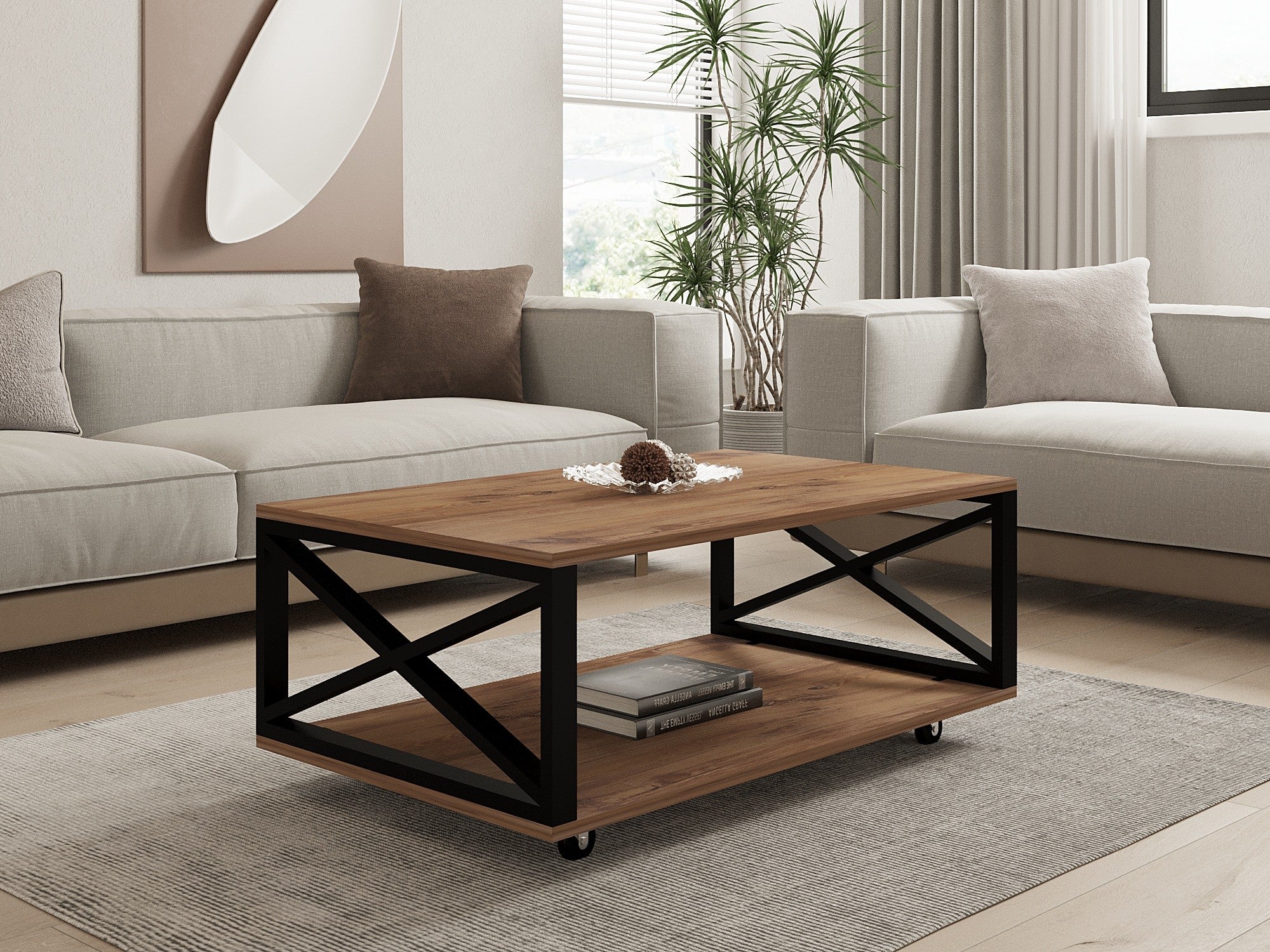 Mesa de centro industrial de 2 andares com pés com rodinhas, pinho atlântico, 98 x 60 x 33,6 cm | 100% revestida em melamina, 18 mm de espessura | Solução de armazenamento elegante e funcional