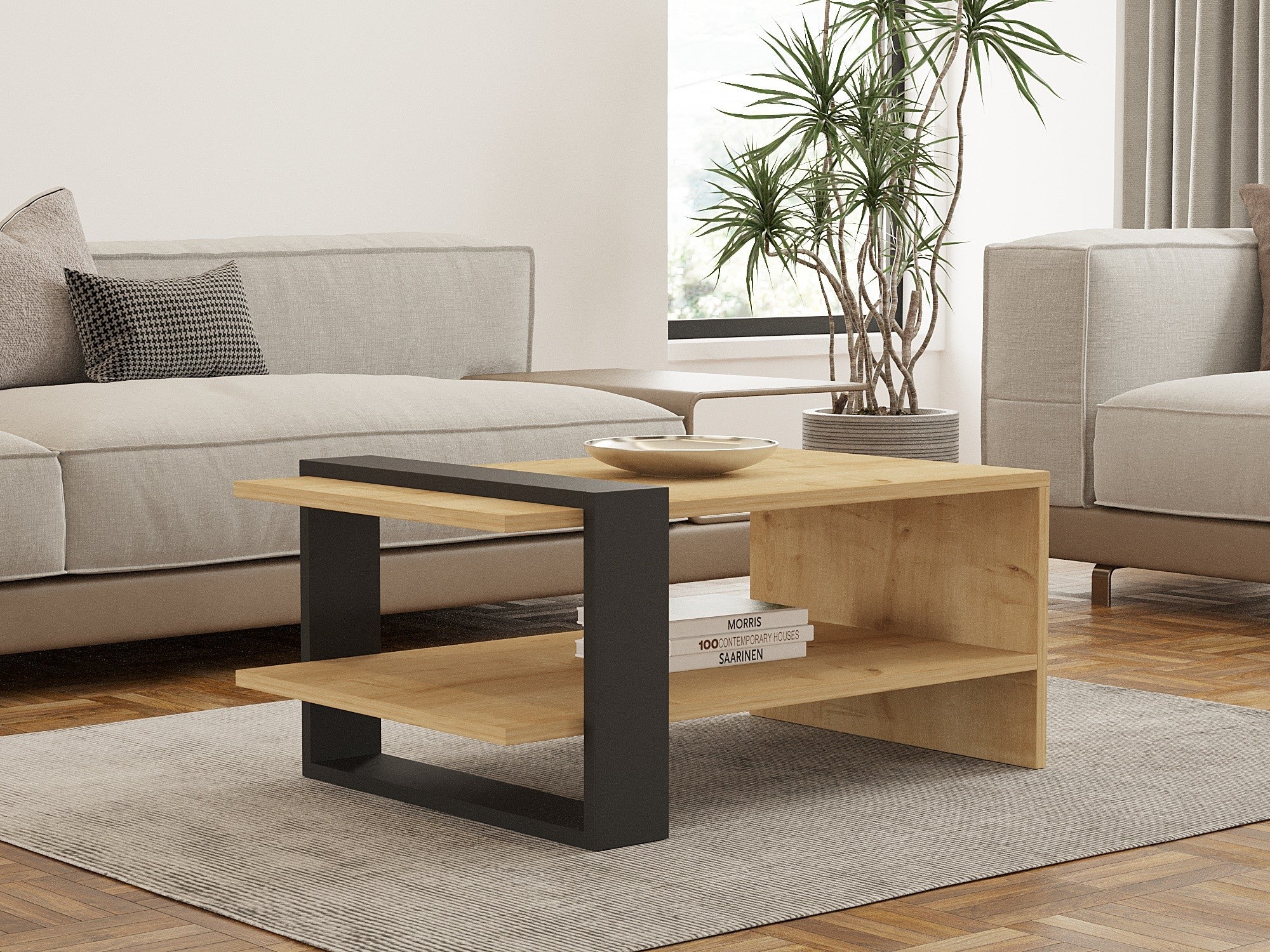 Mesa de Centro Escandinava, Antracite e Carvalho, 80 x 35 x 50 cm | Painel de Partículas 100% Revestido em Melamina, 18 mm de Espessura | Elegante e Funcional para Espaços Modernos