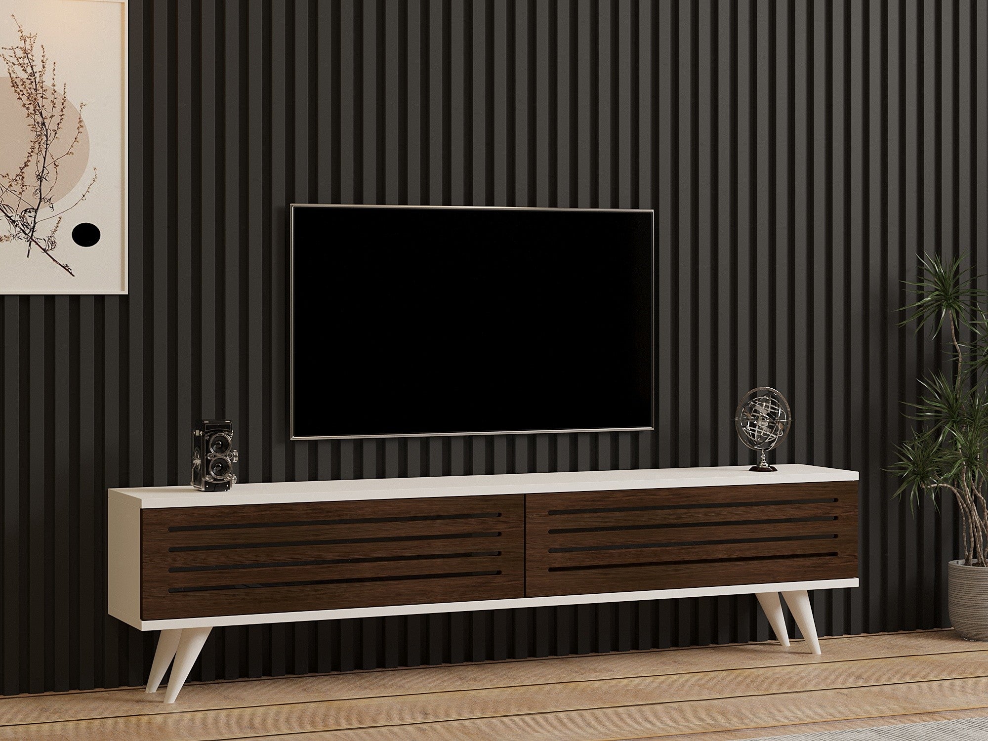 Móvel de TV – 160 cm x 40 cm x 25 cm – Nogueira e Branco – MDF e Madeira Maciça