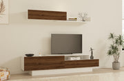 Móvel de TV elegante com prateleira de parede, branco e nogueira, 160 cm | Painel de partículas 100% revestido de melamina, 18 mm de espessura | Amplo espaço de armazenamento e design moderno