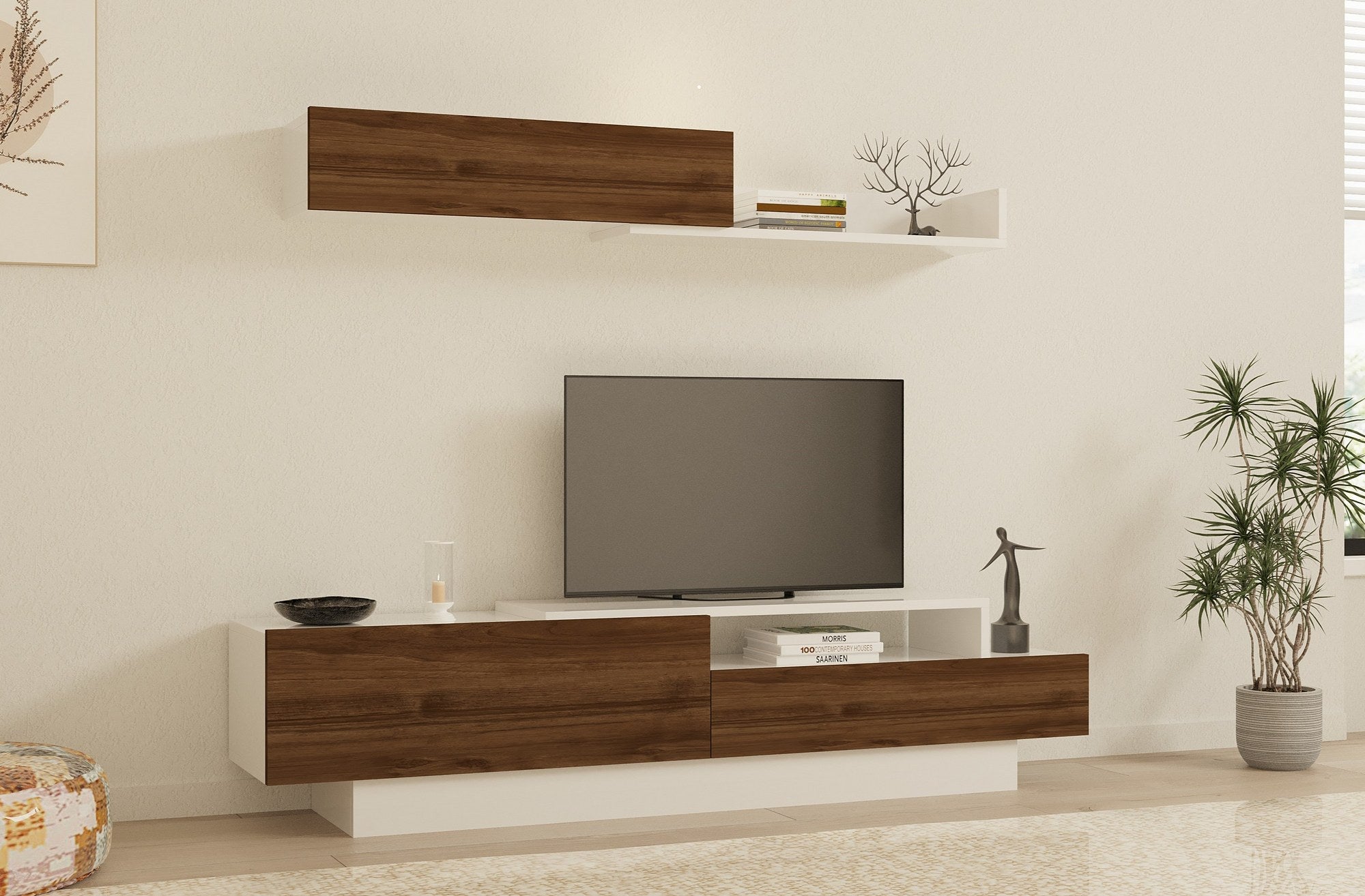 Móvel de TV elegante com prateleira de parede, branco e nogueira, 160 cm | Painel de partículas 100% revestido de melamina, 18 mm de espessura | Amplo espaço de armazenamento e design moderno