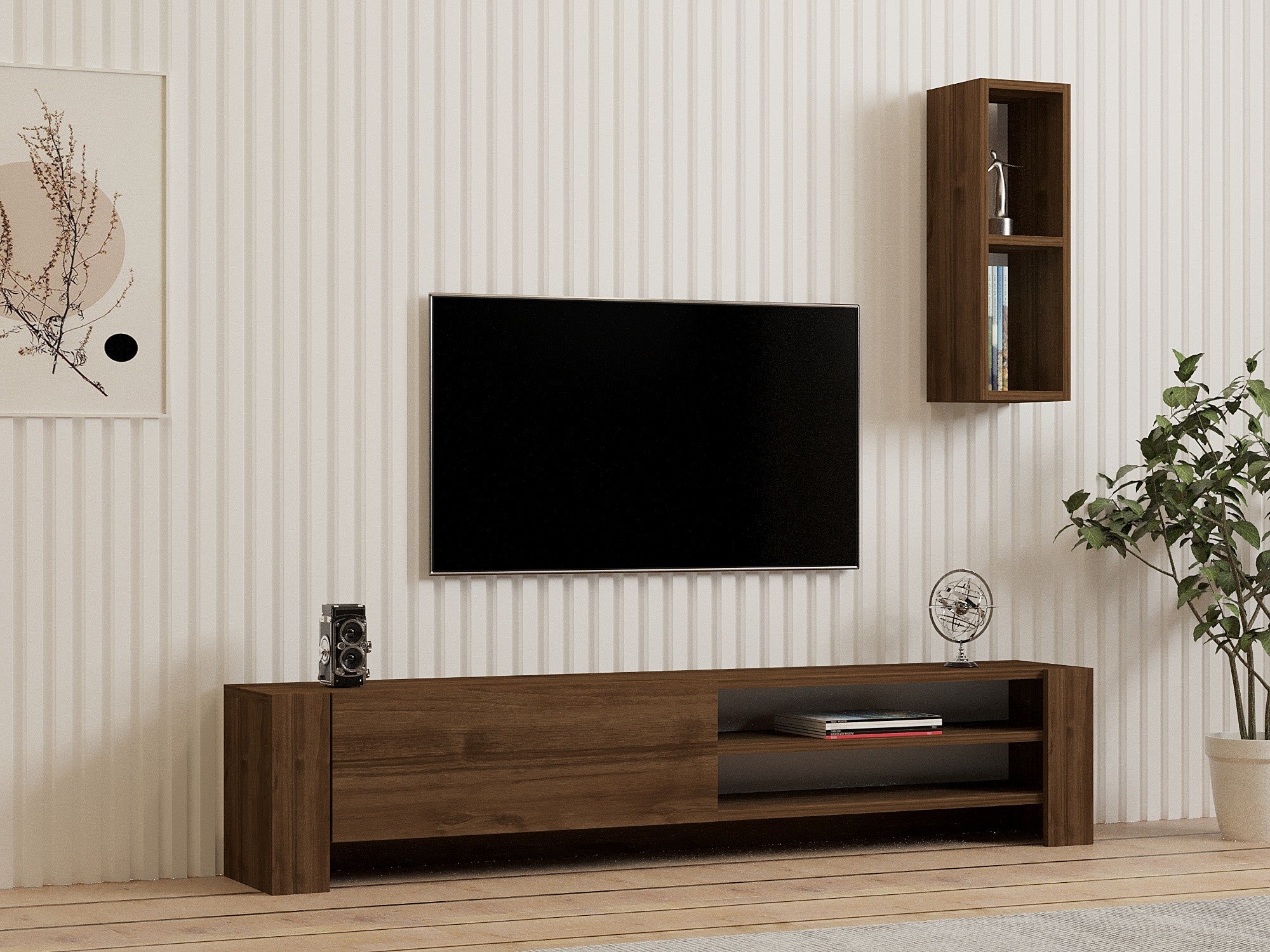 Móvel de TV escandinavo com prateleira de parede, acabamento em nogueira, 160 cm x 33 cm x 26,8 cm | 100% revestido em melamina, 18 mm de espessura | Solução de armazenamento elegante para espaços de convivência modernos