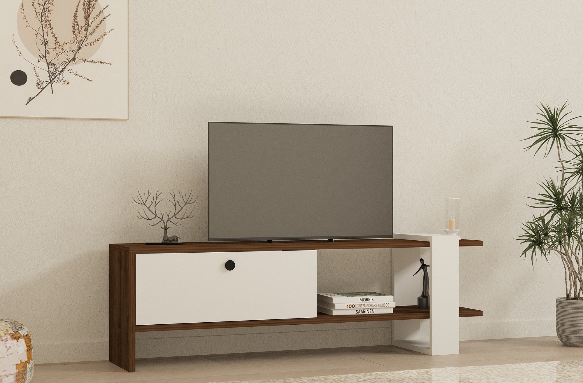 Suporte de TV escandinavo, nogueira e branco, 120 cm | Painel de partículas 100% revestido de melamina, 18 mm de espessura | Várias prateleiras e armazenamento extra, elegante e funcional