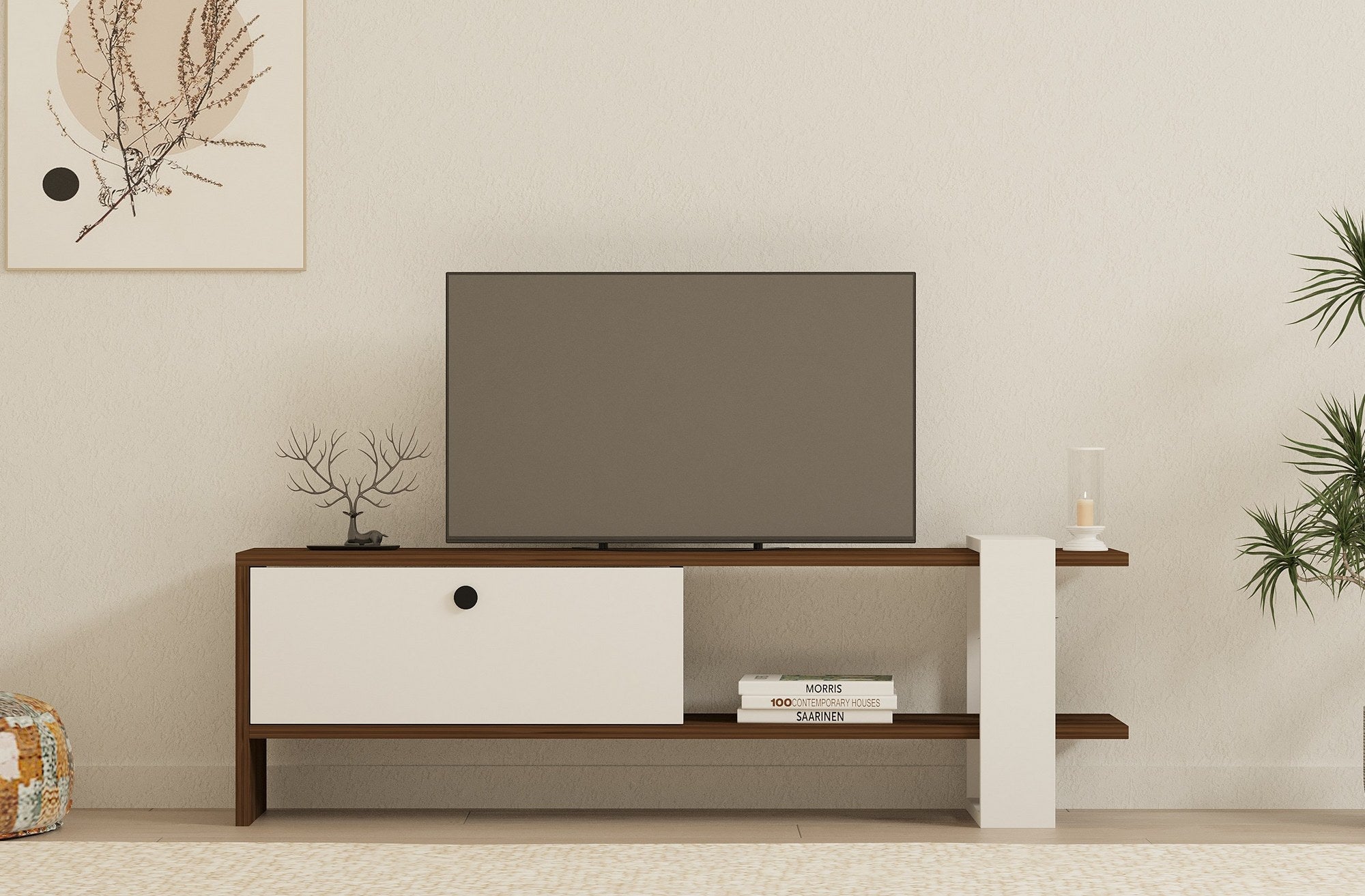 Suporte de TV escandinavo, nogueira e branco, 120 cm | Painel de partículas 100% revestido de melamina, 18 mm de espessura | Várias prateleiras e armazenamento extra, elegante e funcional