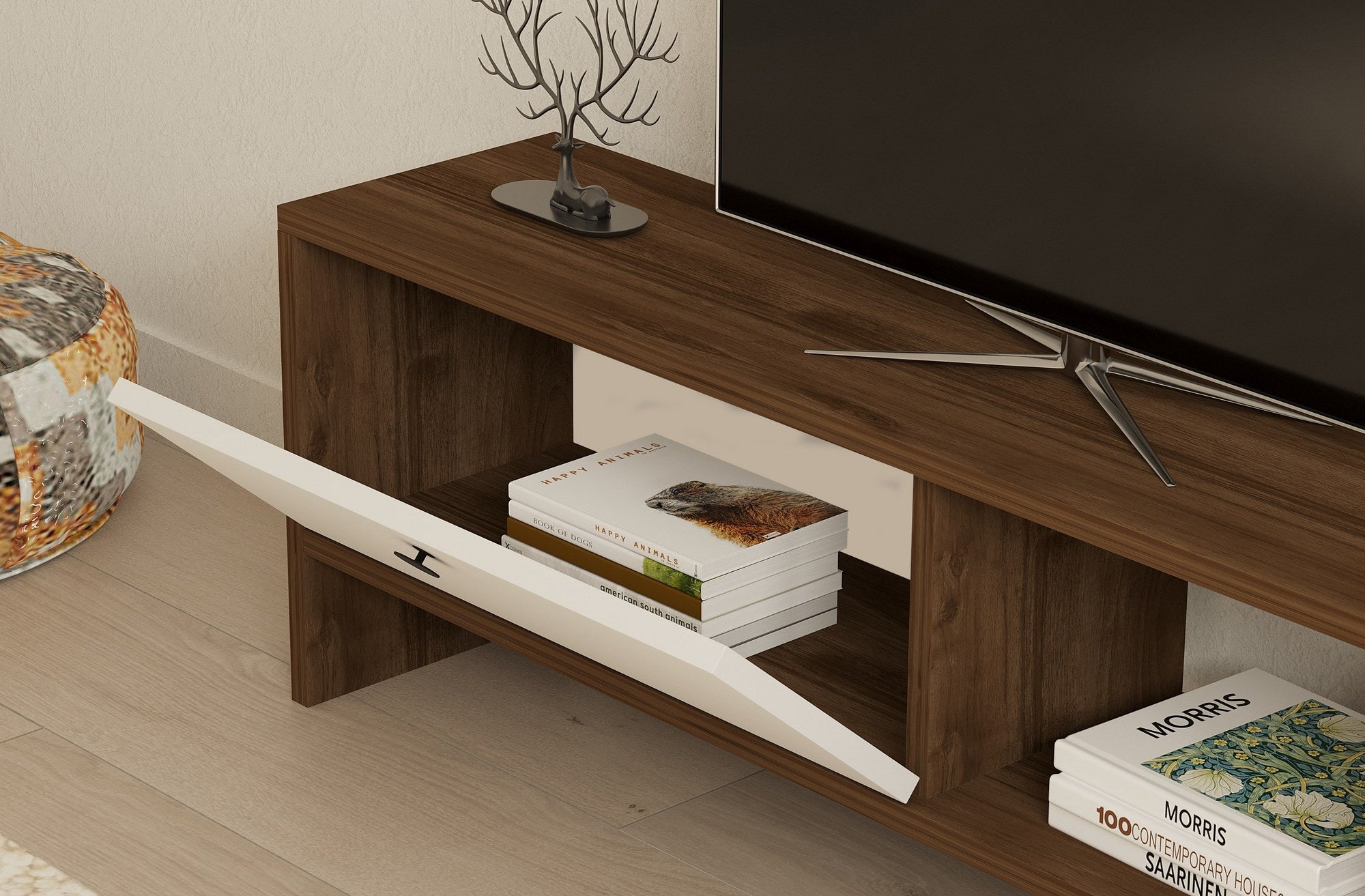 Suporte de TV escandinavo, nogueira e branco, 120 cm | Painel de partículas 100% revestido de melamina, 18 mm de espessura | Várias prateleiras e armazenamento extra, elegante e funcional