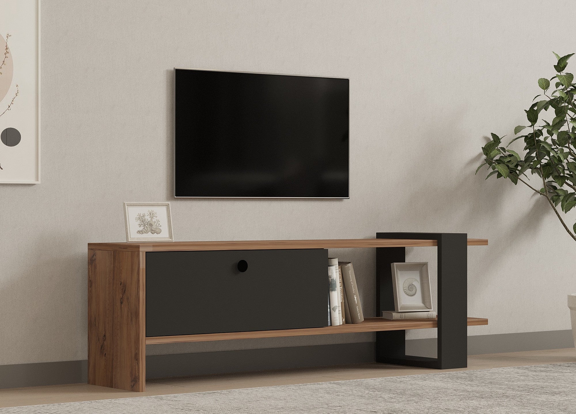 Suporte de TV elegante com várias prateleiras, carvalho e antracite, 120 x 36,8 x 25 cm | Painel de partículas 100% revestido de melamina, 18 mm de espessura | Ideal para salas de estar modernas