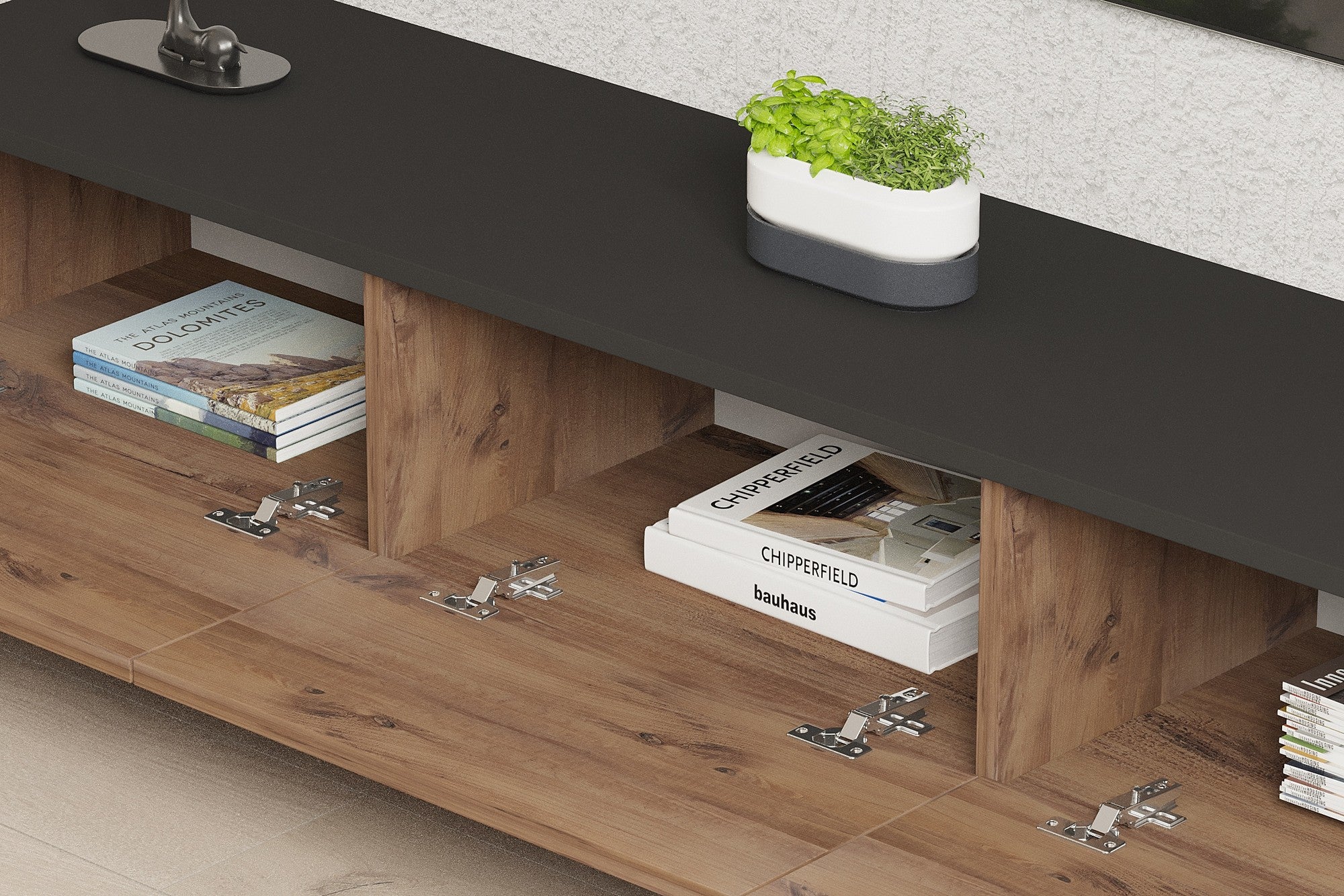 Estante para TV – 160cm – Preto e Carvalho Safira – Madeira Aglomerada