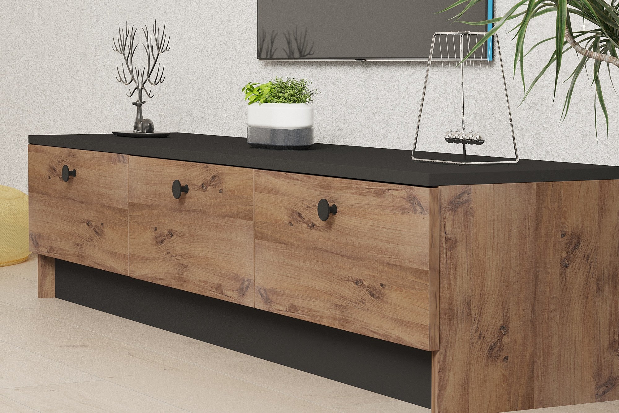 Estante para TV – 160cm – Preto e Carvalho Safira – Madeira Aglomerada