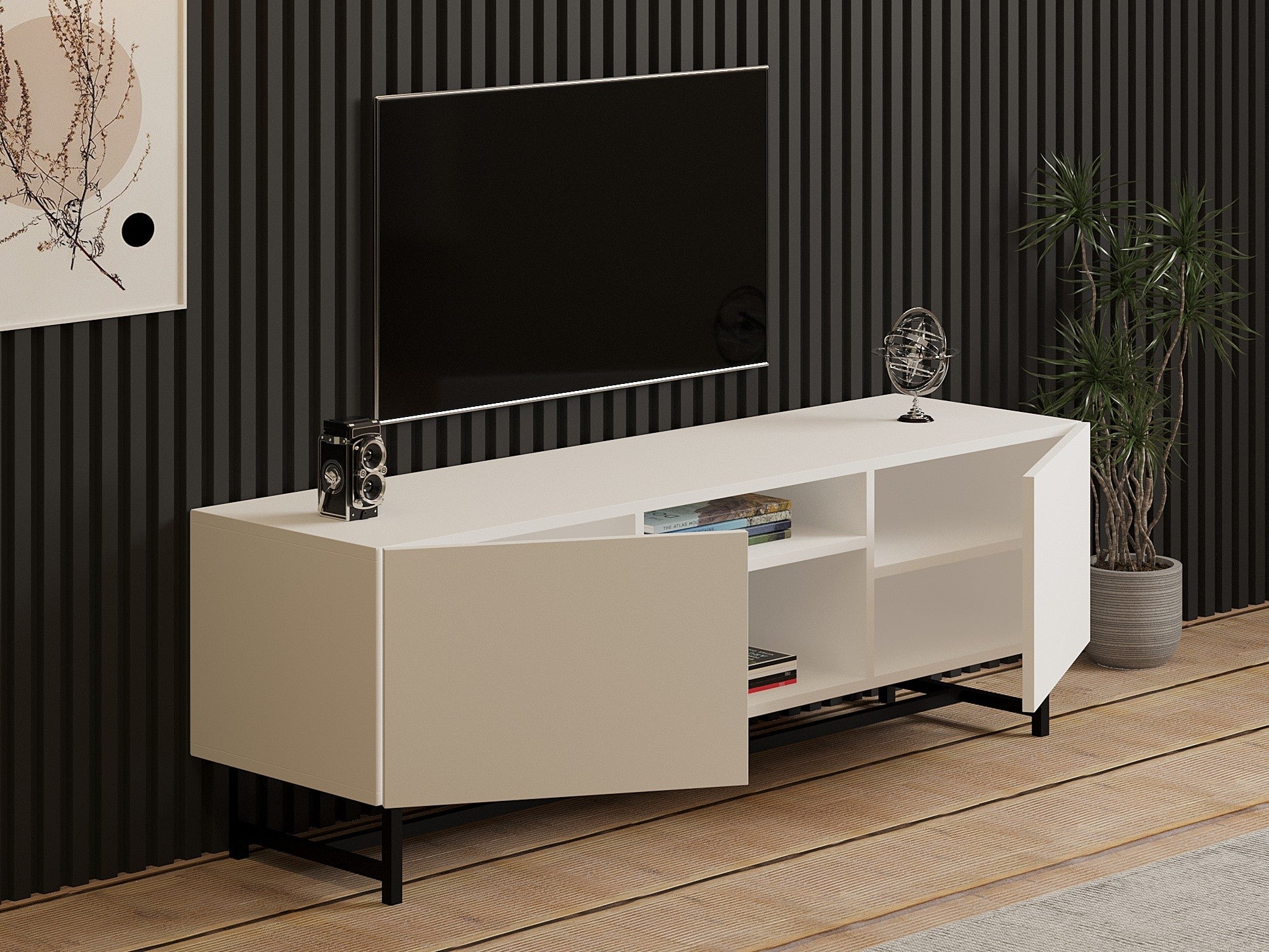 Móvel de TV – 150 cm x 50 cm x 36,8 cm – Branco – Painel de partículas revestido a melamina