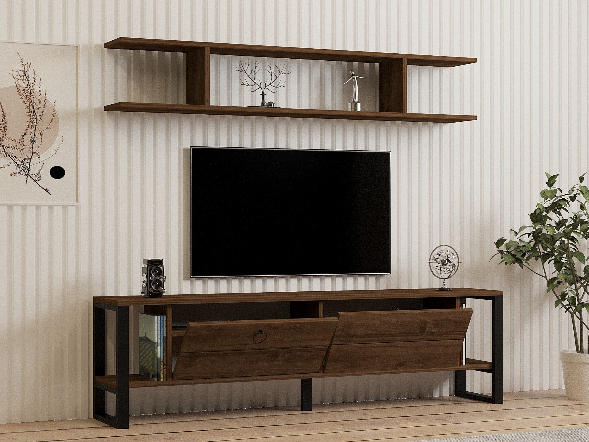 Móvel de TV rústico industrial – 160 cm x 45 cm x 30 cm – nogueira – painel de partículas revestido a melamina