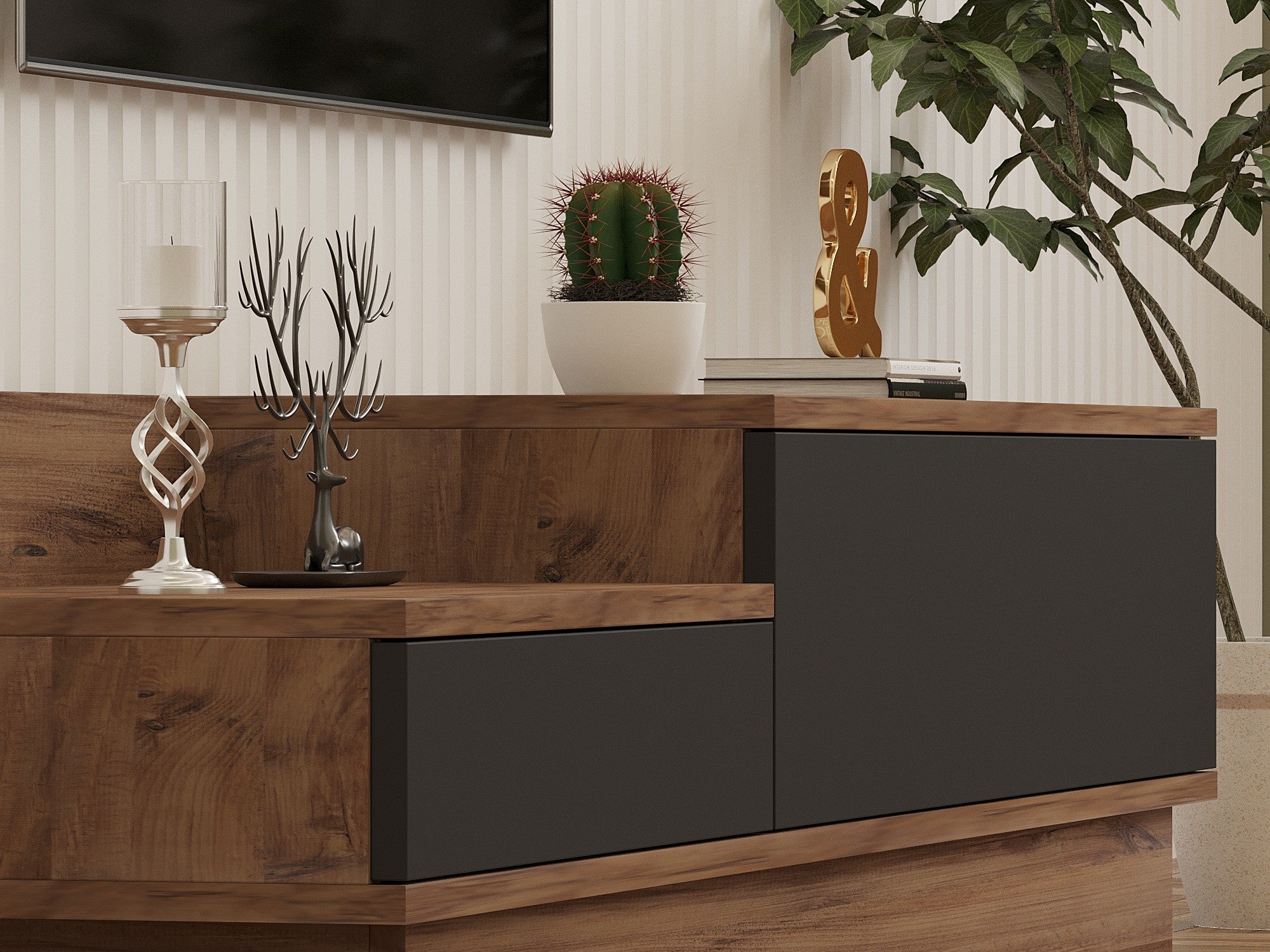 Móvel de TV – 160 cm x 35 cm x 35 cm – Pinho Atlântico e Antracite – Painel de partículas revestido a melamina