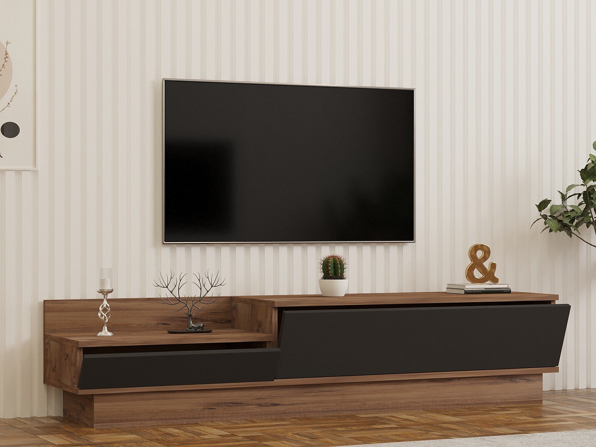 Móvel de TV – 160 cm x 35 cm x 35 cm – Pinho Atlântico e Antracite – Painel de partículas revestido a melamina