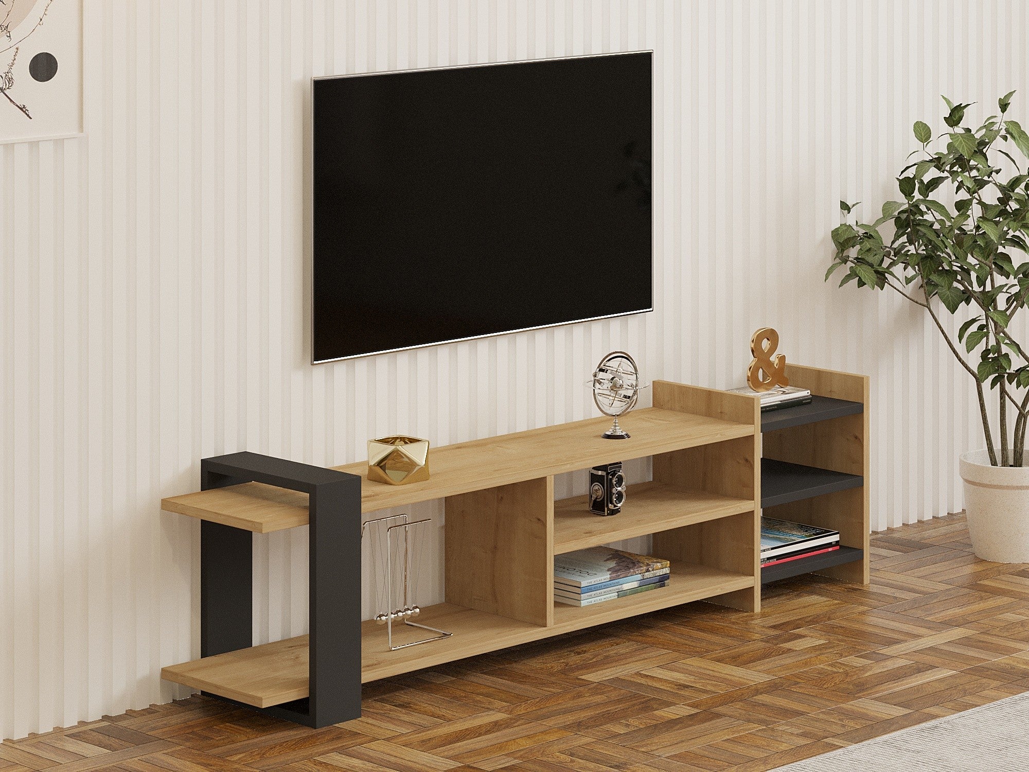 Móvel de TV – 153.6cm x 40cm x 26cm – Antracite e Safira – Painel de partículas