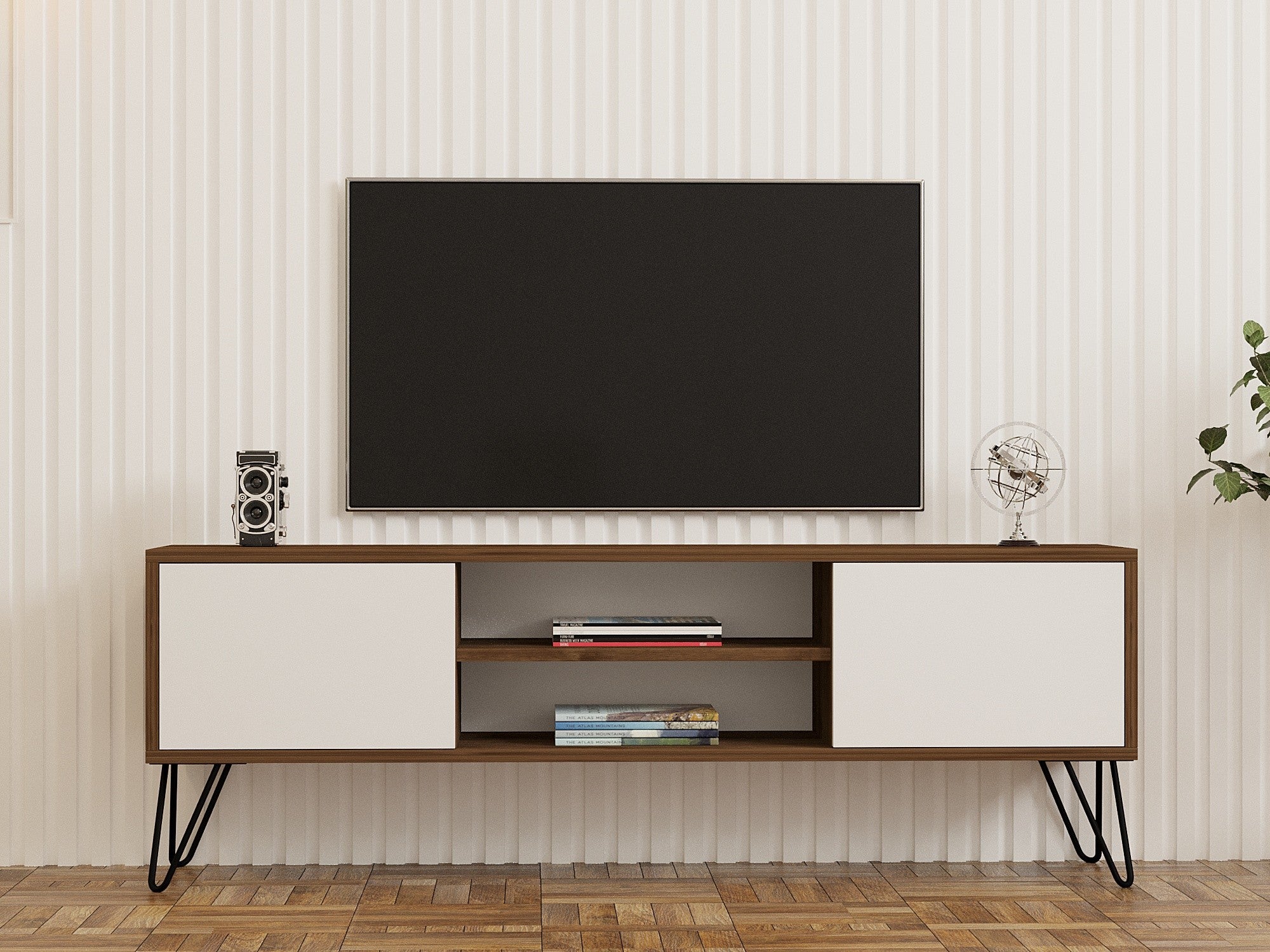 Móvel de TV – 140cm x 50cm x 30cm – Nogueira e Branco – Painel de partículas revestido a melamina
