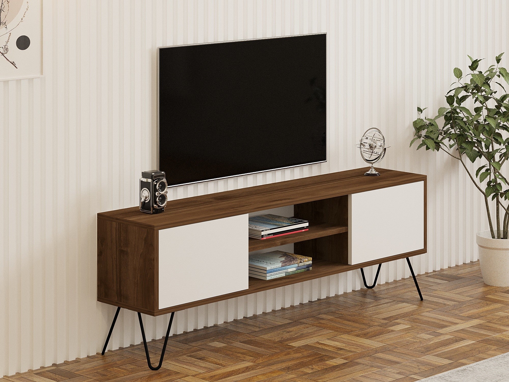 Móvel de TV – 140cm x 50cm x 30cm – Nogueira e Branco – Painel de partículas revestido a melamina