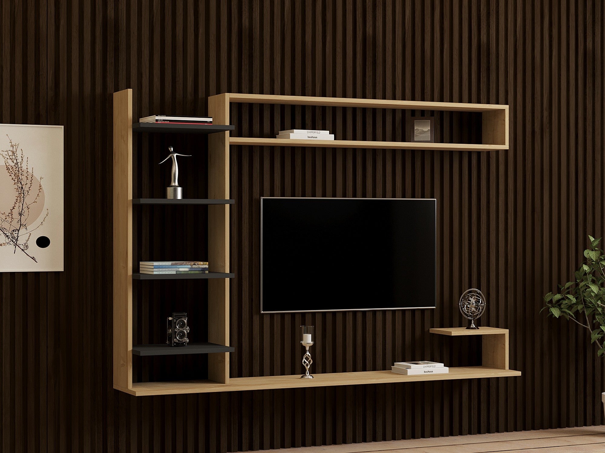 Móvel de TV Escandinavo, 180 cm, Safira e Antracite | Painel de partículas 100% revestido em melamina, 18 mm de espessura | Montável na parede, design elegante e funcional