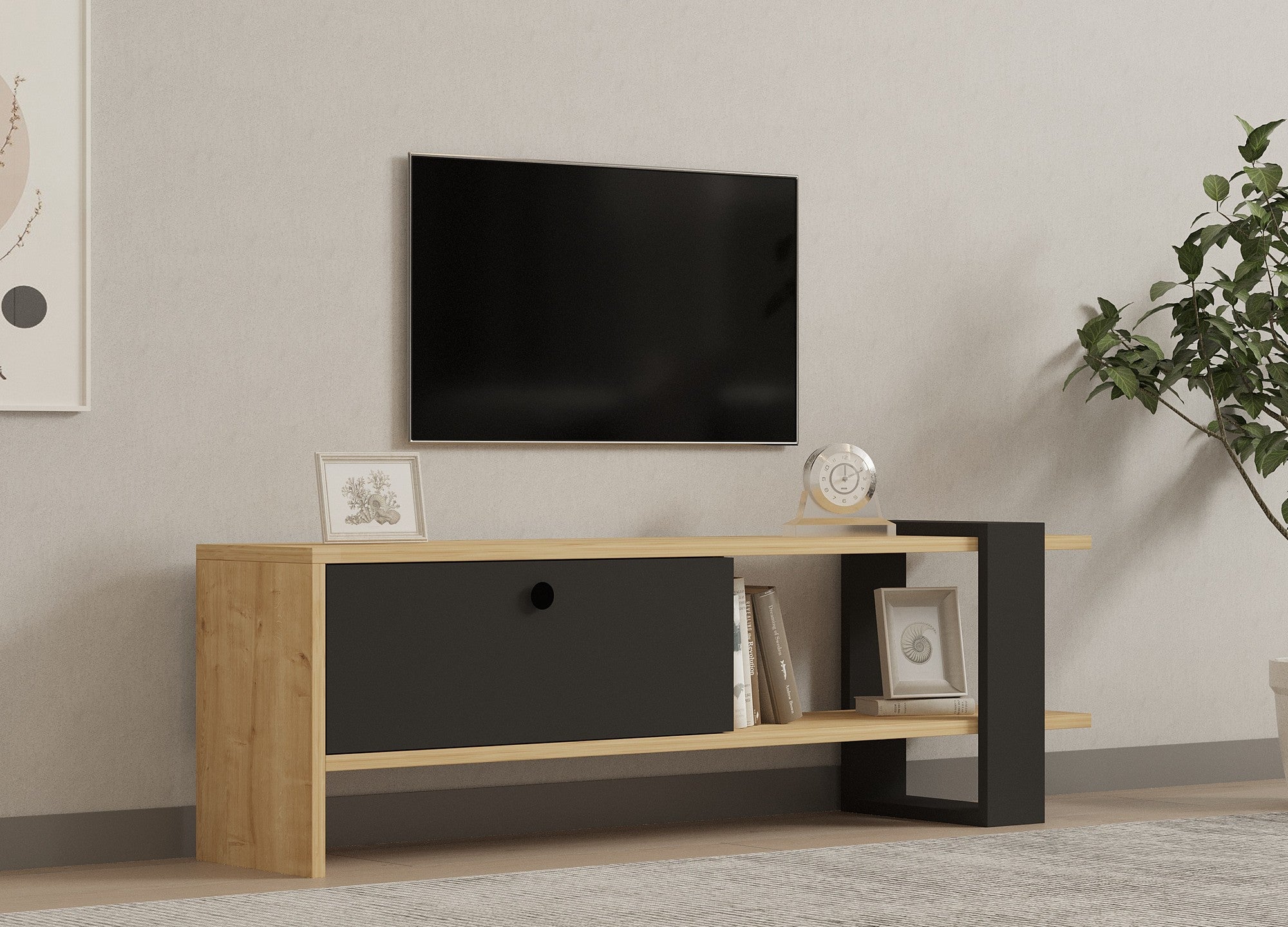 Suporte de TV escandinavo, antracite e carvalho, 120 x 36,8 x 25 cm | Painel de partículas 100% revestido de melamina, 18 mm de espessura | Design elegante e funcional para salas de estar modernas