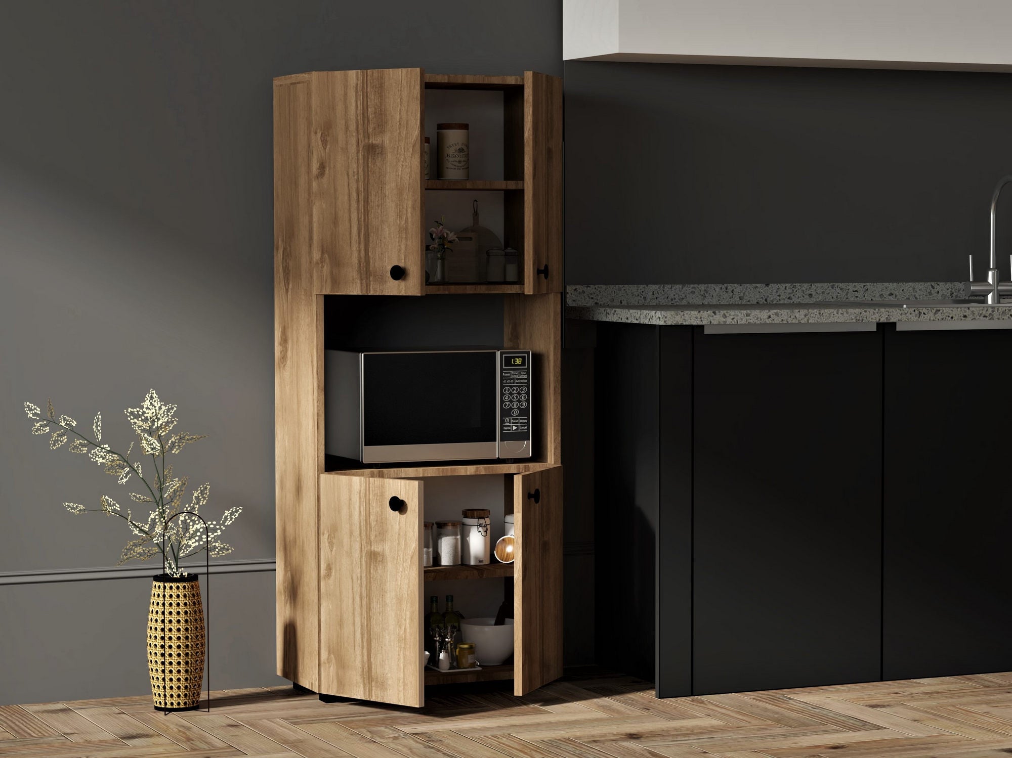 Armário de cozinha escandinavo – 60 x 31,4 x 140 cm – nogueira – painel de partículas revestido a melamina