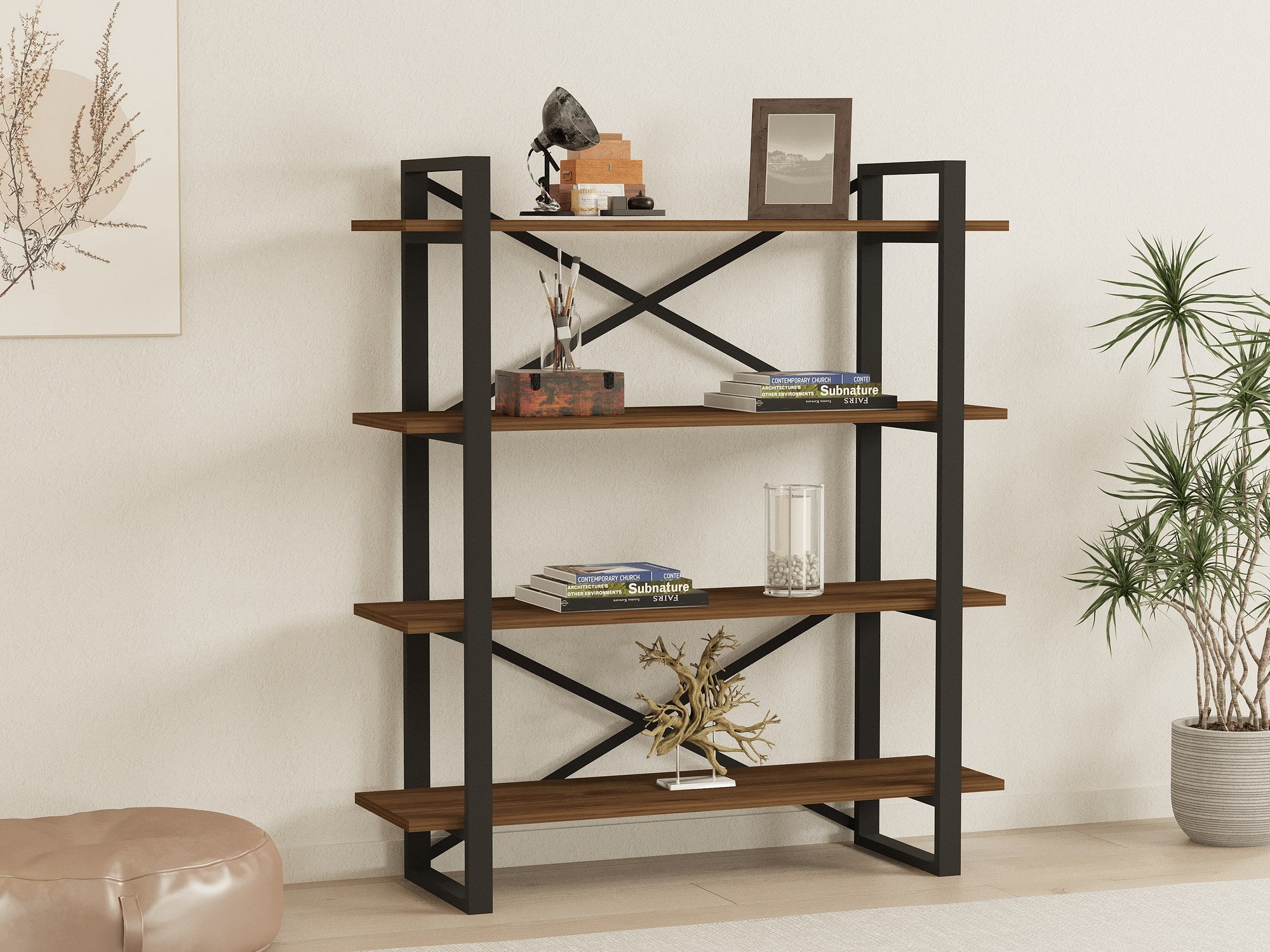 Estante industrial de metal e painel de partículas revestido a melamina – 106 x 120 x 33 cm – nogueira