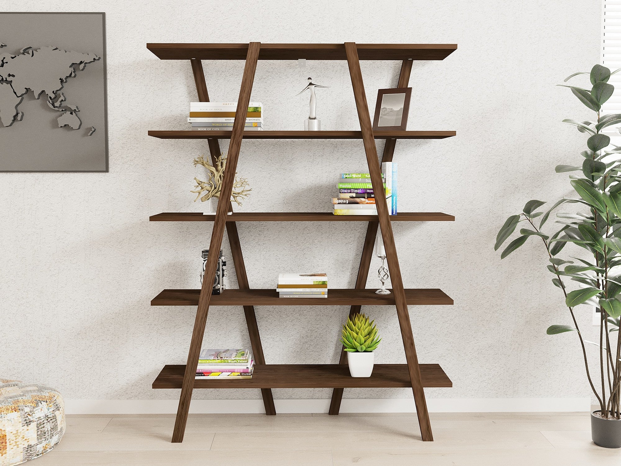 Estante de livros – 115 cm x 144 cm x 29,5 cm – Nogueira – 100% madeira de pinho