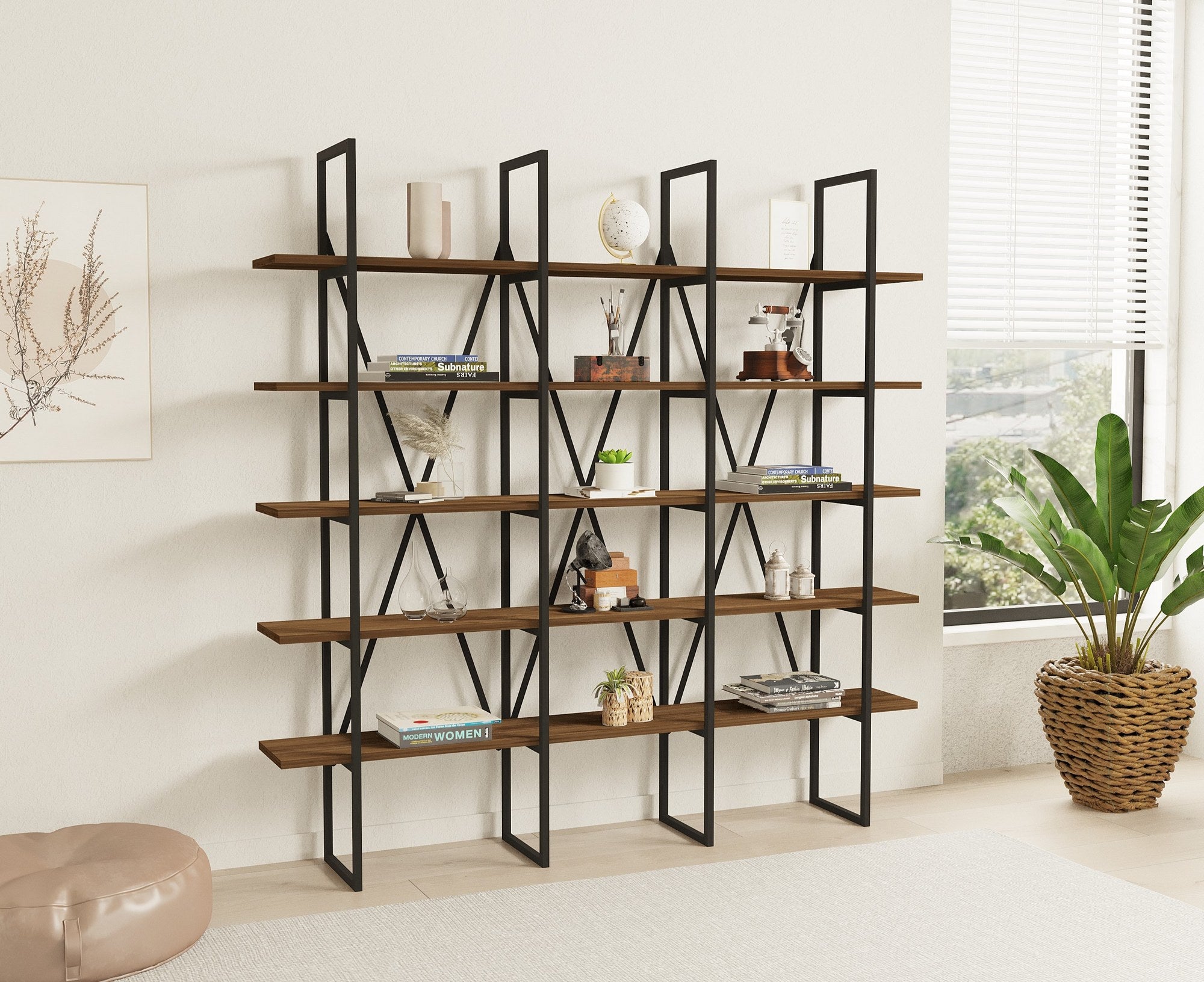 Estante Industrial Moderna – 160 x 160 x 26 cm – Nogueira e Preto – Painel de Partículas revestido a Melamina