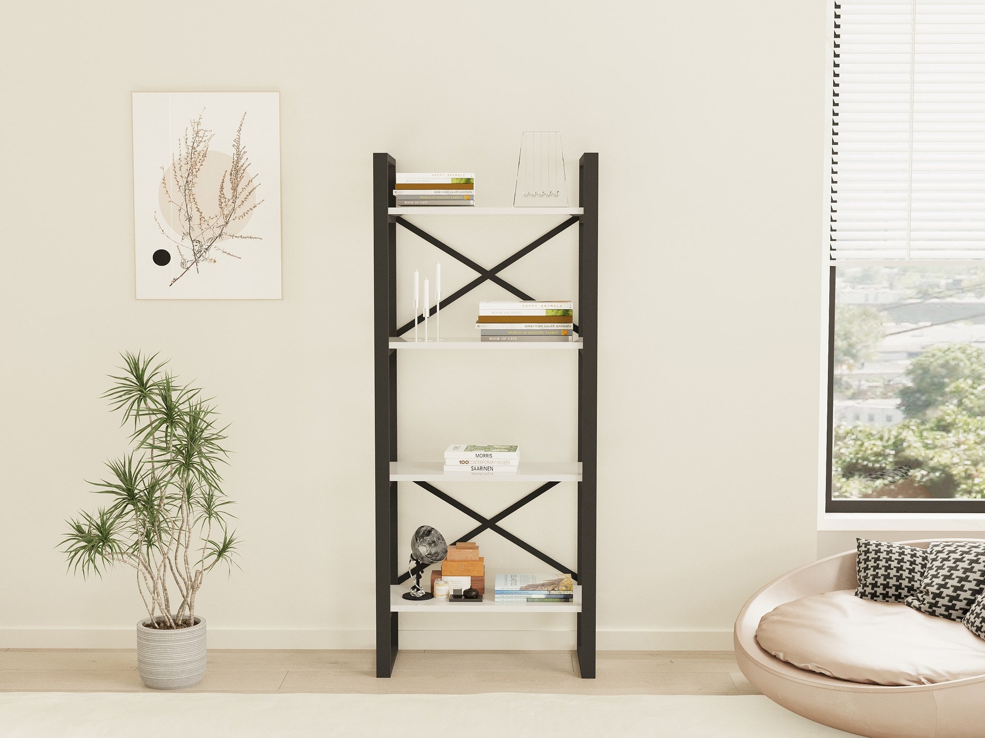 Estante de livros – 66 cm x 150 cm x 32 cm – Branco e Preto – Painéis de partículas e Metal