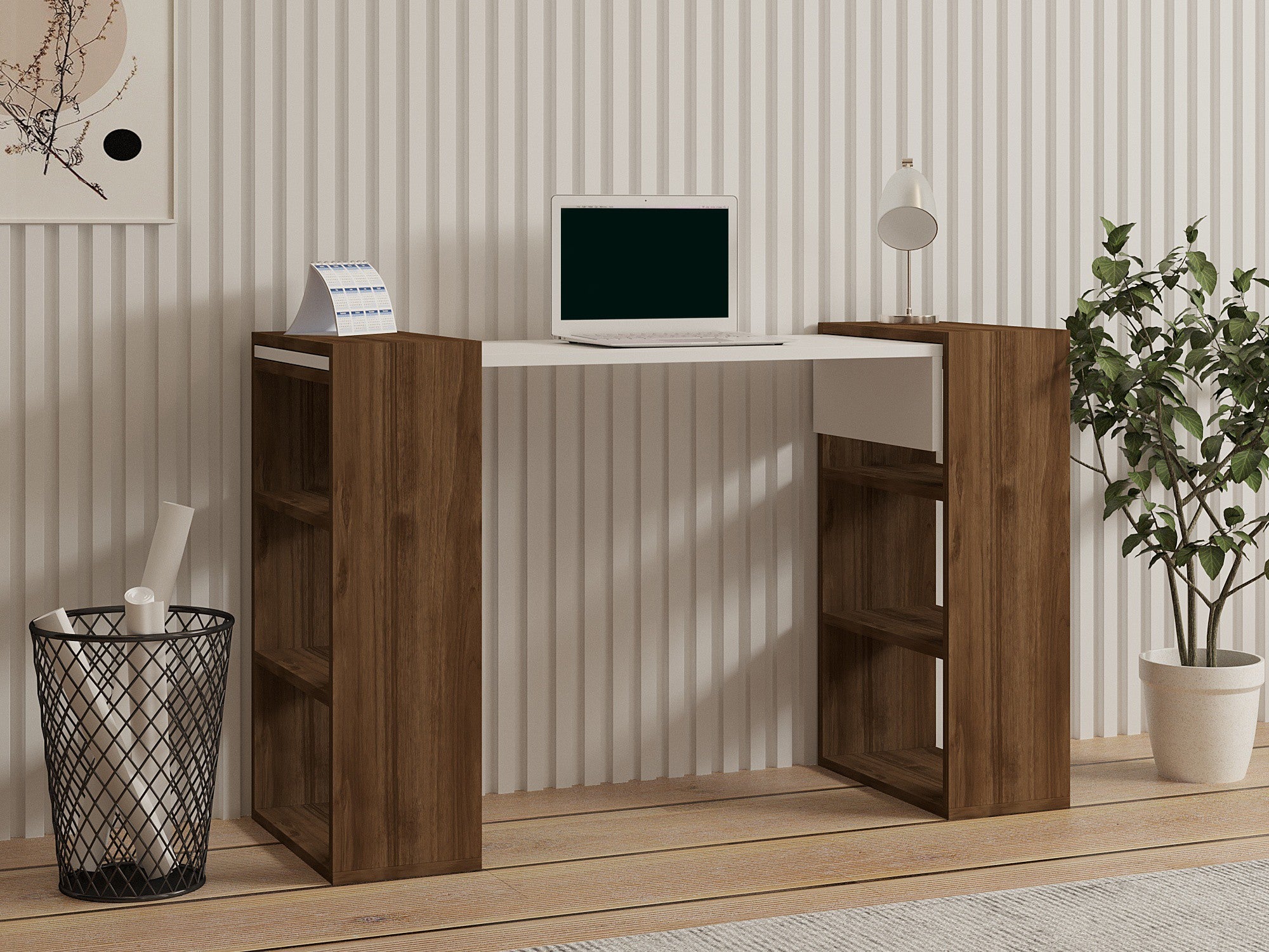 Secretária Escandinava – 124 x 75 x 43,6 cm – Nogueira e Branco – Painel de Partículas Revestido a Melamina