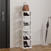 Sapateira branca elegante, 110 cm de altura, 29,6 cm de largura | Painel de partículas 100% revestido de melamina, 18 mm de espessura | Prateleiras amplas e espaço de armazenamento para casas modernas