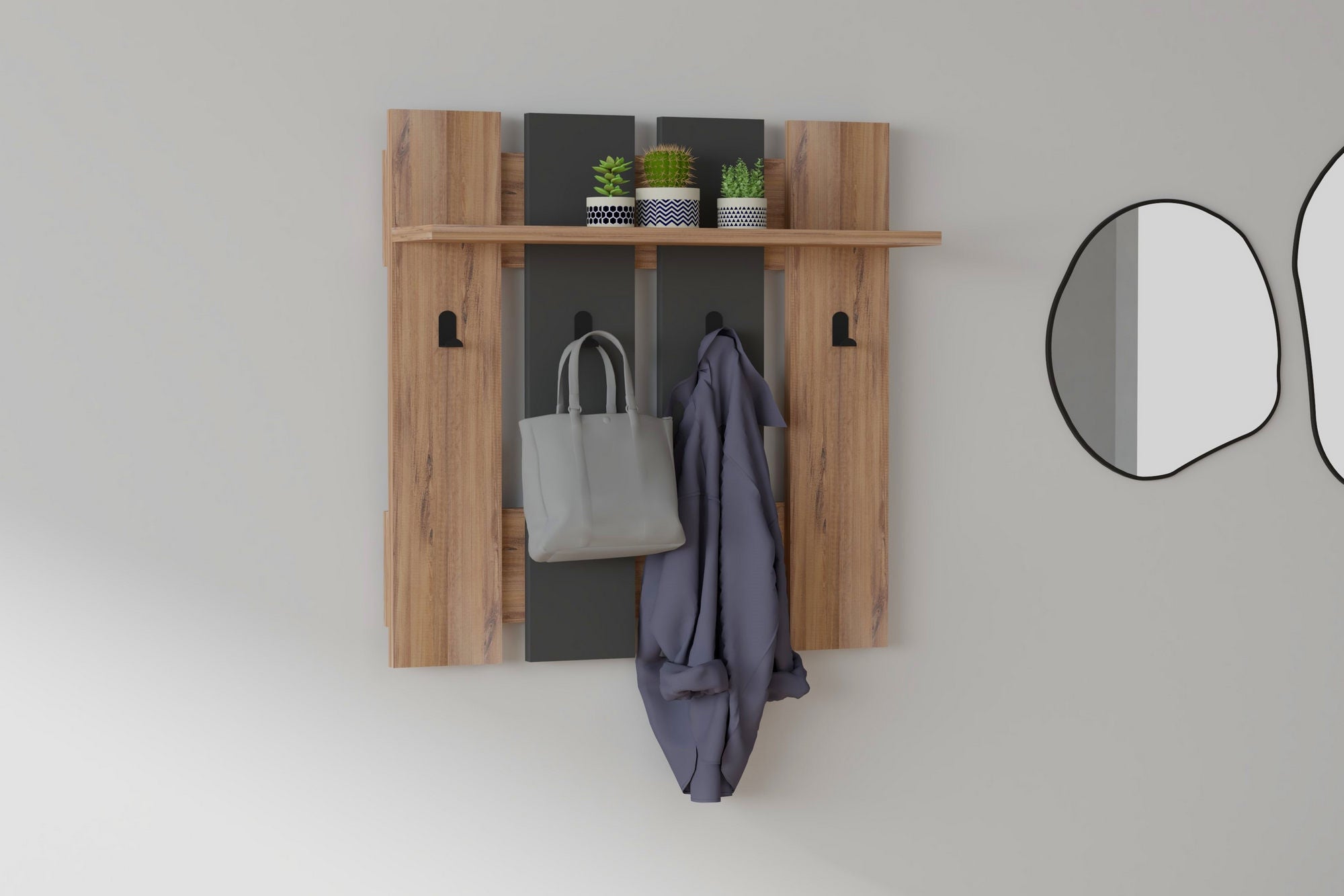 Elegante cabideiro de parede, nogueira e antracite, 70 x 70 x 18 cm | 100% revestido em melamina, 18 mm de espessura | Solução versátil para pendurar em casa e no escritório