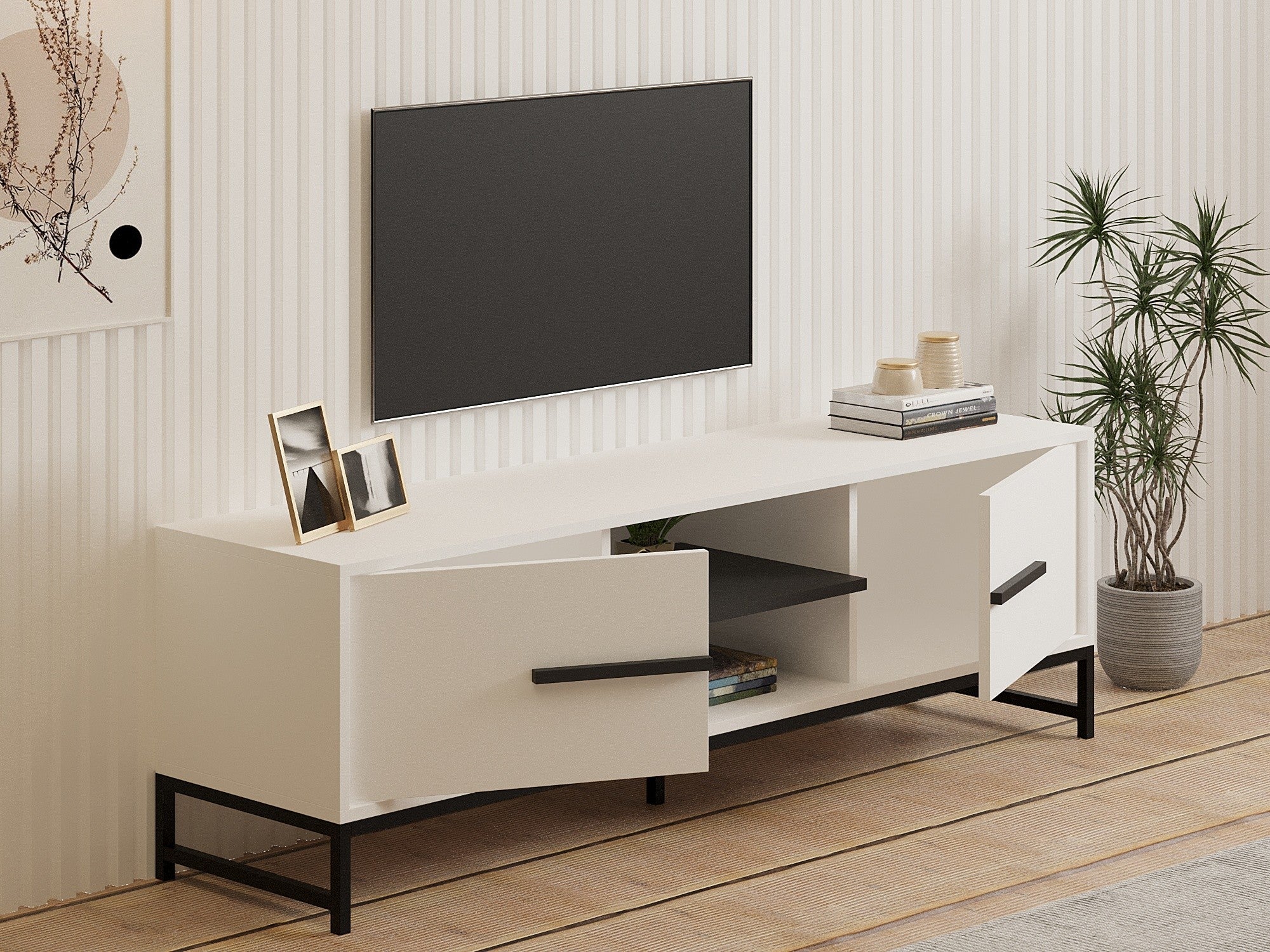 Móvel de TV – 160cm x 50cm x 40cm – Branco – Painel de partículas revestido a melamina