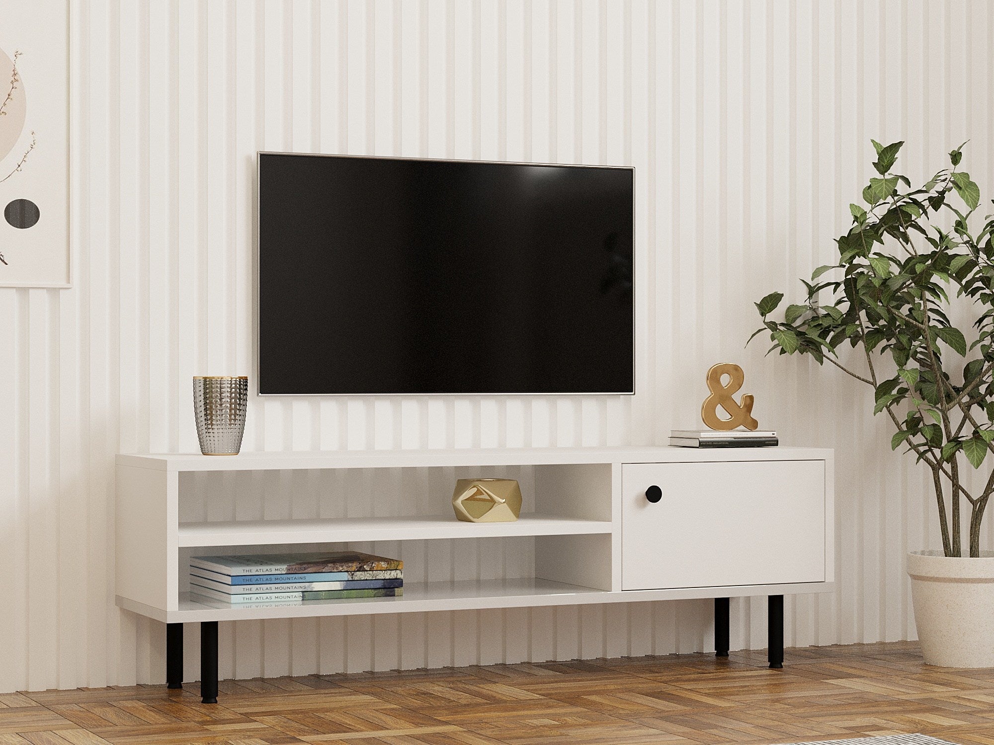 Móvel de TV – 120 cm x 38 cm x 30 cm – Branco – Painel de partículas revestido a melamina