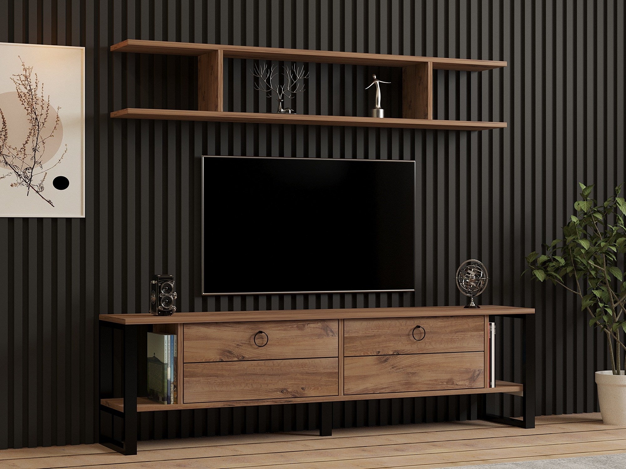 Móvel de TV – 160 cm x 45 cm x 30 cm – Pinho Atlântico – Painel de partículas e metal