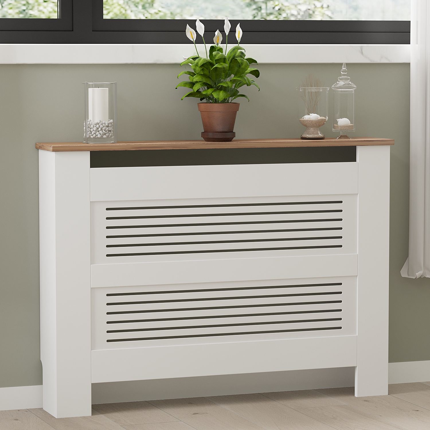 Armário para Radiador – 112cm x 82cm x 30cm – Branco e Pinheiro Atlântico – MDF e Painel de Partículas