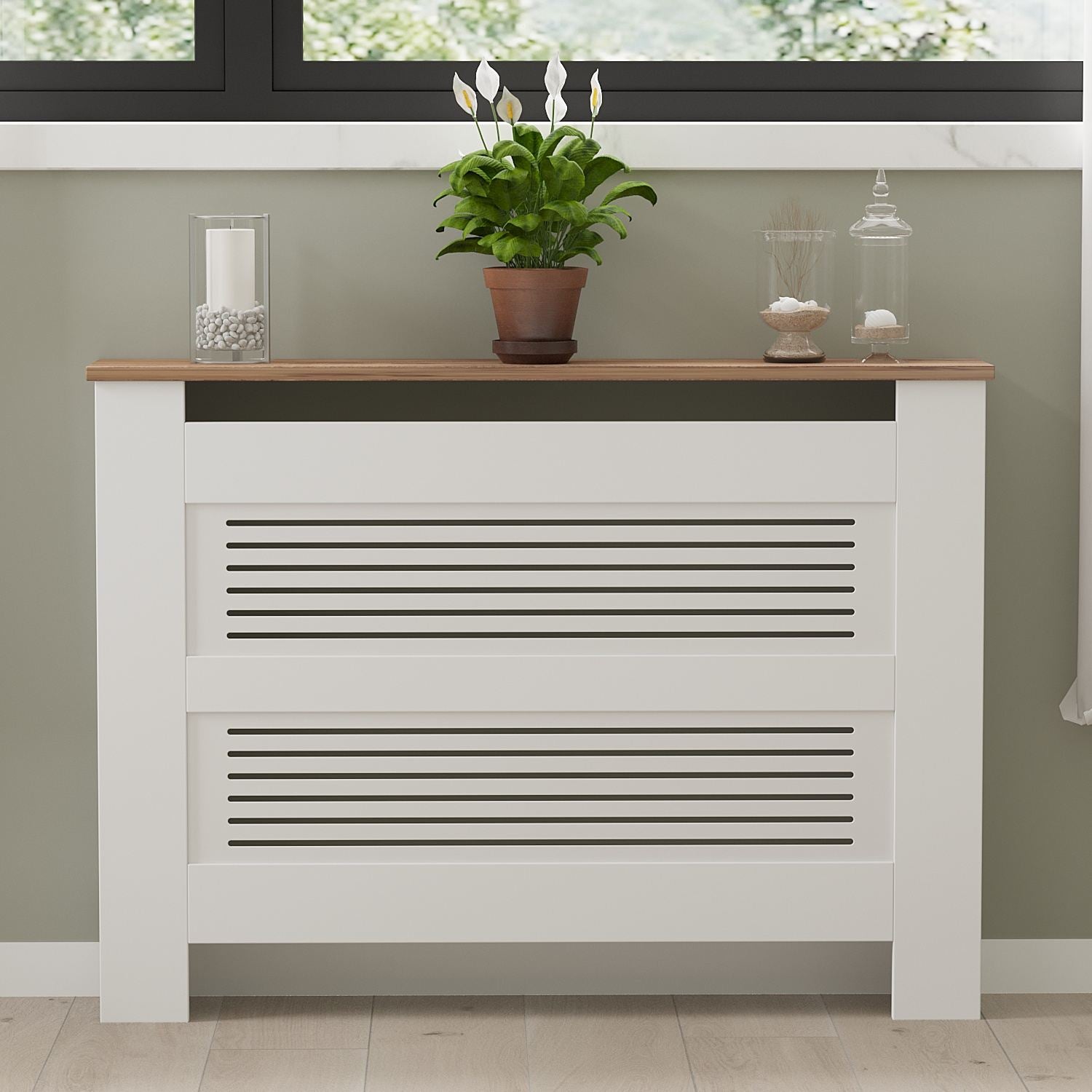 Armário para Radiador – 112cm x 82cm x 30cm – Branco e Pinheiro Atlântico – MDF e Painel de Partículas