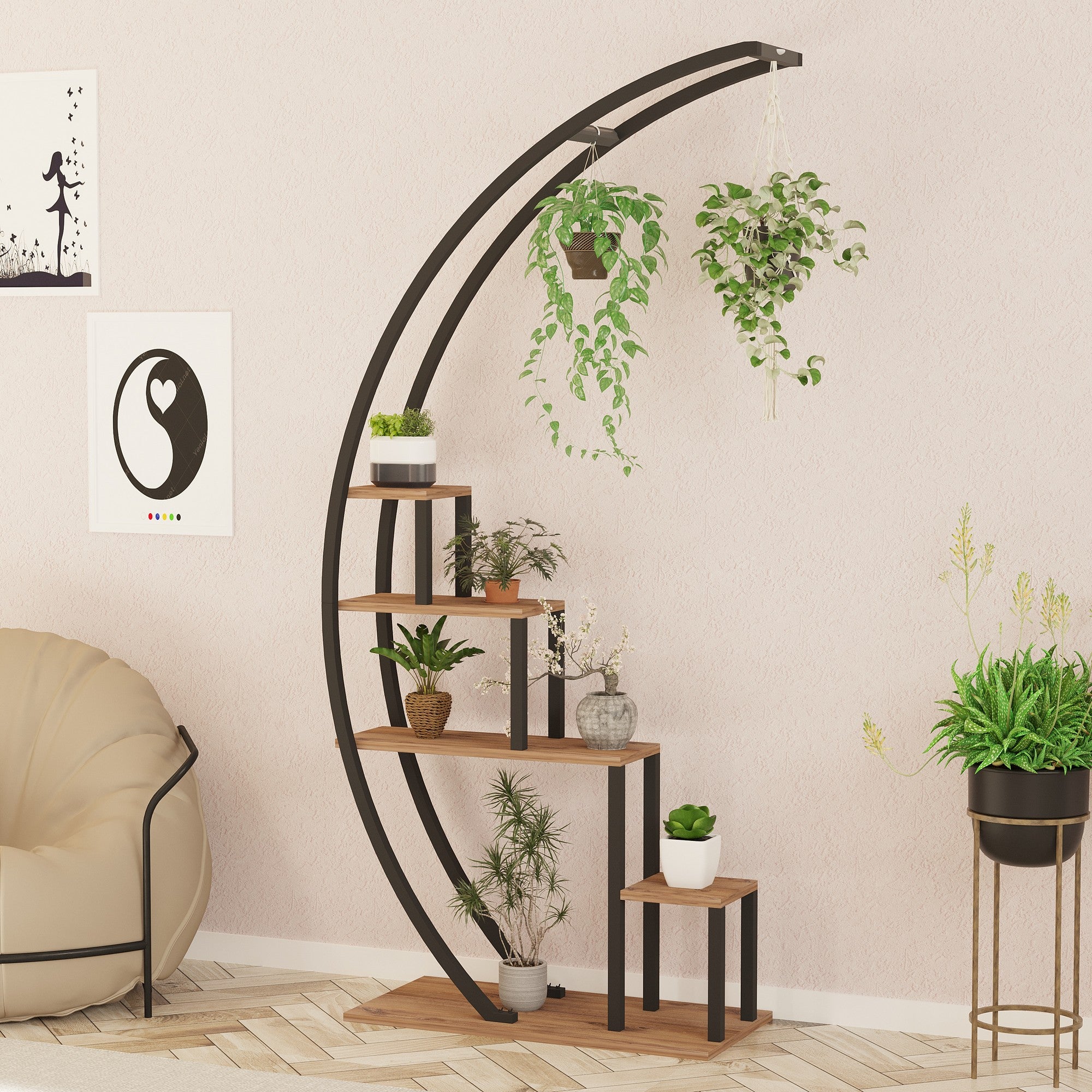 Estante moderna multifuncional – 85 x 180 x 35 cm – Pinho Atlântico e Preto – Painéis de partículas revestidos a melamina e estrutura de metal