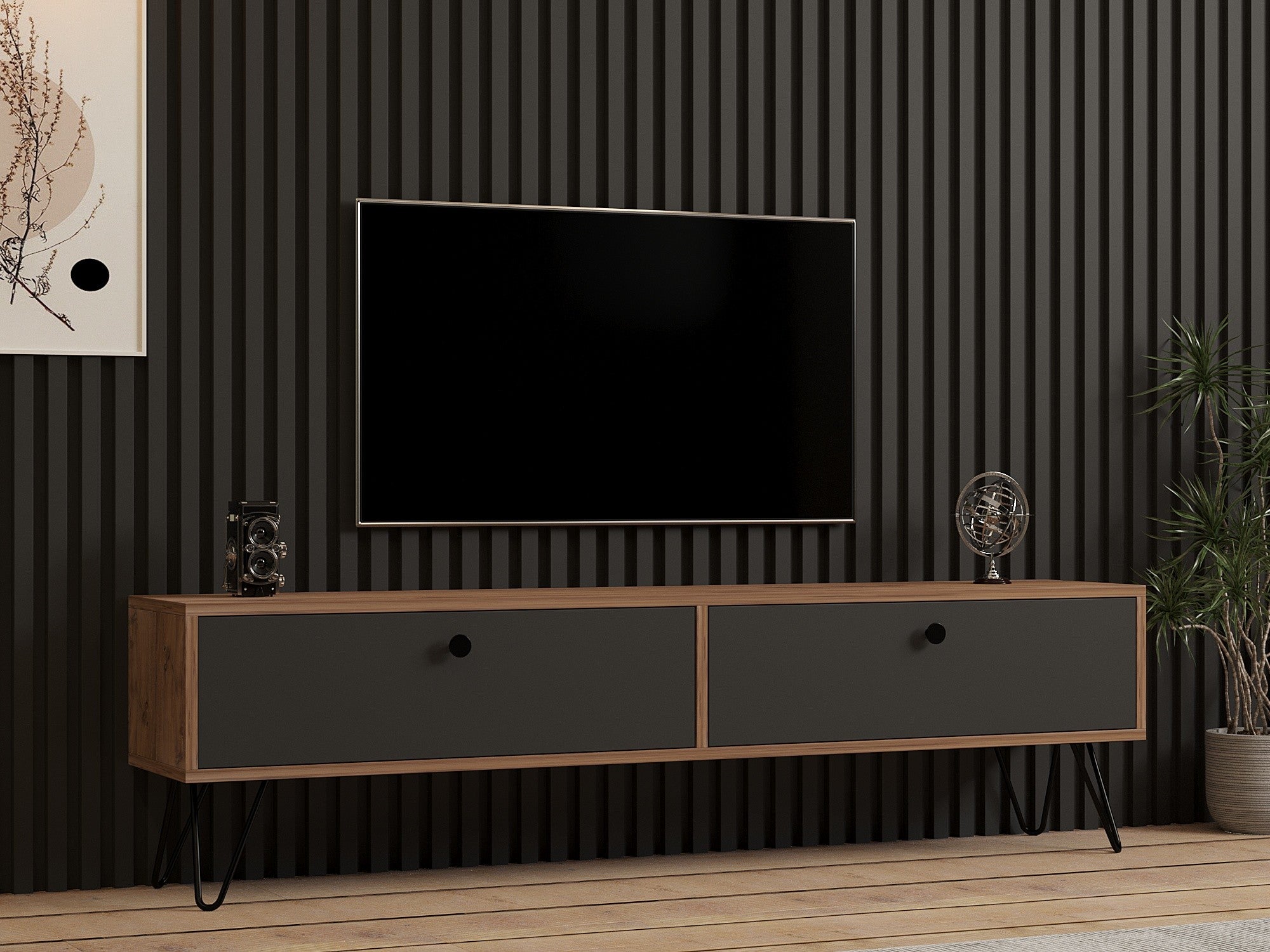 Móvel de TV elegante com opção de montagem na parede, pinho atlântico e preto, 160 cm | Painel de partículas 100% revestido em melamina, 18 mm de espessura | Estrutura de metal, várias prateleiras, armazenamento extra
