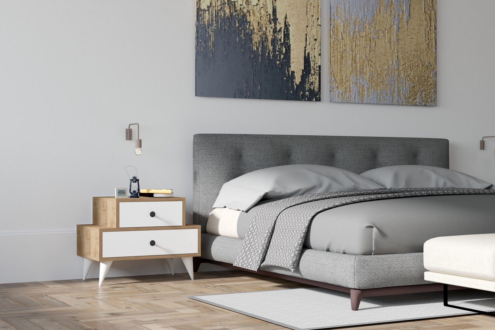 Mesa de Cabeceira Escandinava com 2 Gavetas, Branca e Nogueira, 63 x 50 x 44 cm | Painel de Partículas 100% Revestido com Melamina, 18 mm de Espessura | Solução de Armazenamento Elegante e Funcional