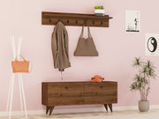 Elegante suporte de hall em nogueira com prateleira de parede e cabideiro, 113 cm de largura | Painel de partículas 100% revestido em melamina, 18 mm de espessura | Solução de armazenamento elegante para entrada