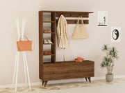 Estante de hall – 120 cm x 161,8 cm x 32 cm – cor nogueira – painel de partículas revestido em melamina