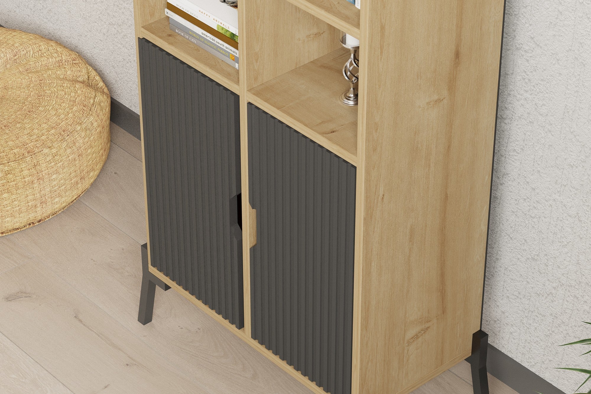 Estante de livros – 58.6cm x 160cm x 30cm – Carvalho Safira e Antracite – Painéis de partículas revestidos a melamina