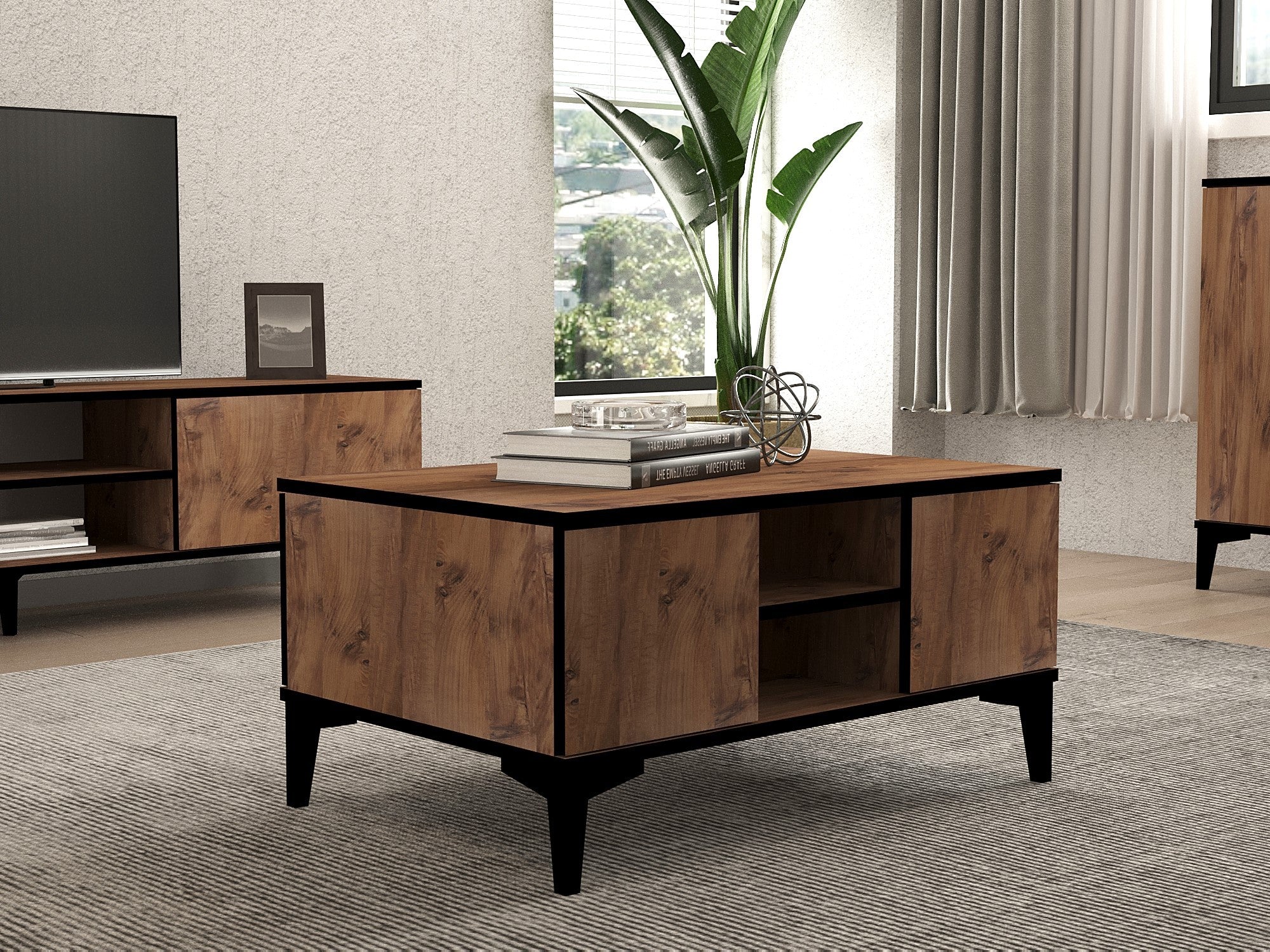Mesa de Centro Elegante, Pinho Atlântico e Preto, 90 x 60 x 45 cm | Painel de Partículas 100% Revestido com Melamina, 18 mm de Espessura | Pés de Plástico Duráveis, Design Moderno