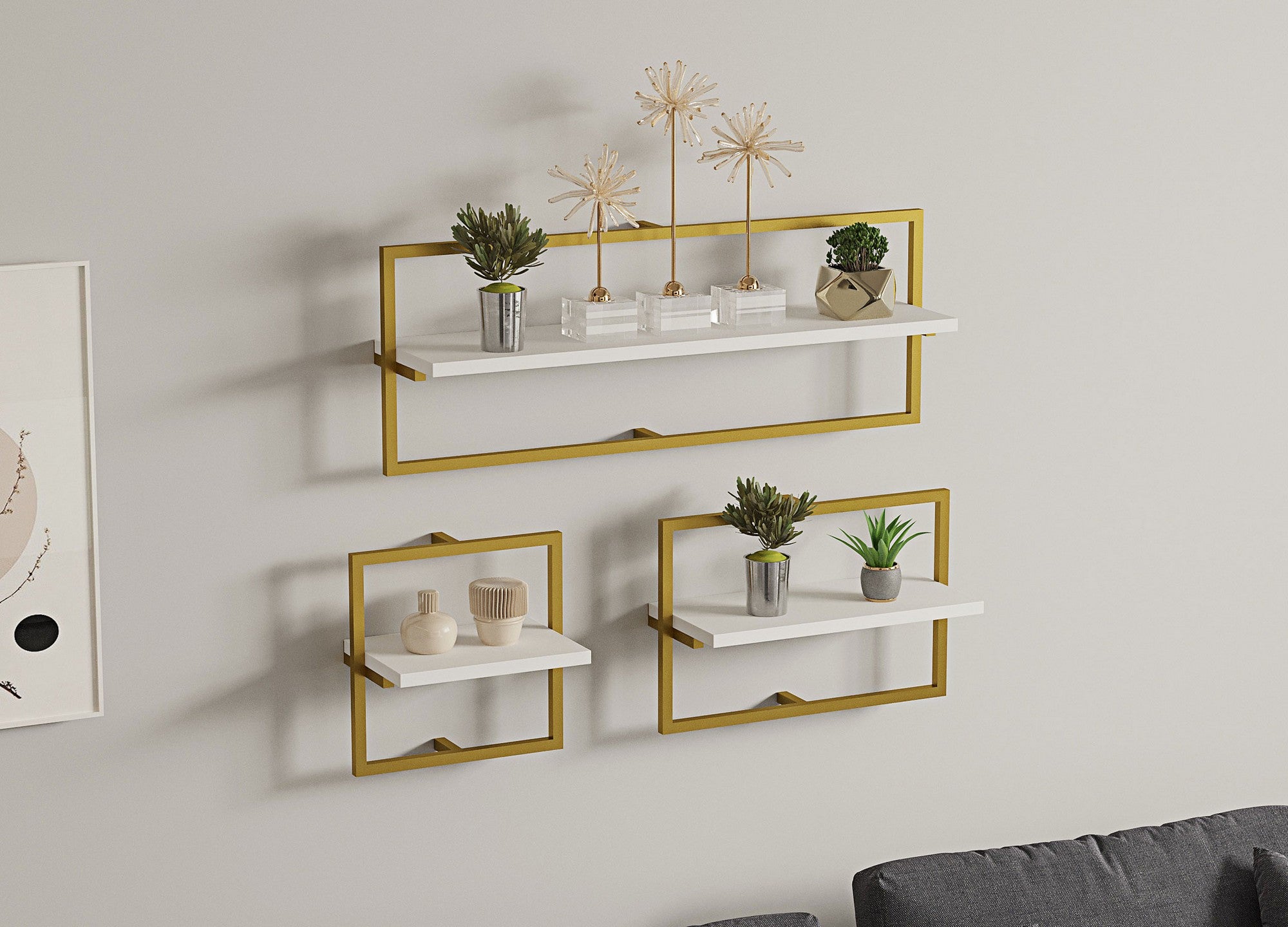 Prateleira de parede elegante, design de 3 níveis, branca e dourada, 100% aglomerado revestido de melamina, 18 mm de espessura | Perfeita para decoração e organização da casa
