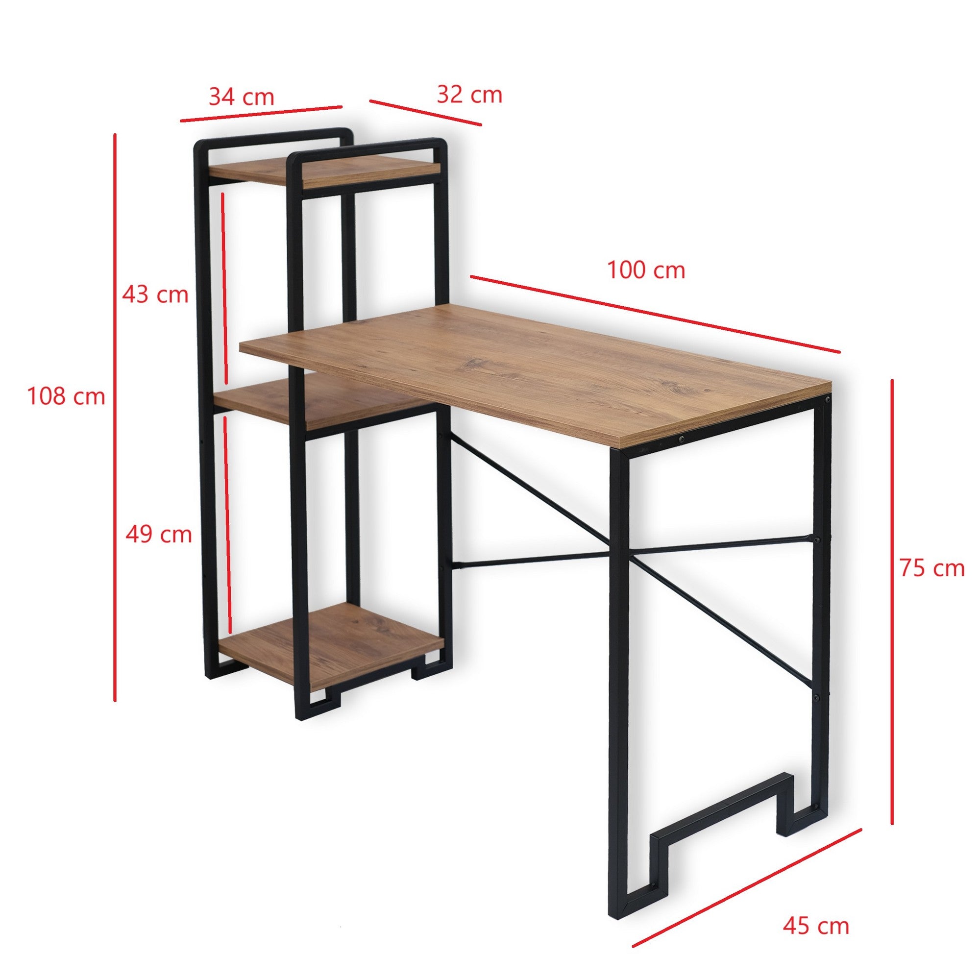 Secretária de Estudo – 45 cm x 120 cm x 108 cm – Preto e Pinho Atlântico – Melamina e Metal