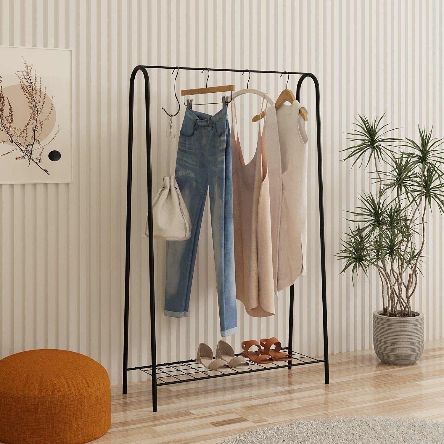Cabide de metal preto resistente, 144,5 cm de largura, 89 cm de altura, 36 cm de profundidade | Estrutura 100% metálica, 7 mm de espessura, elegante e funcional para qualquer espaço