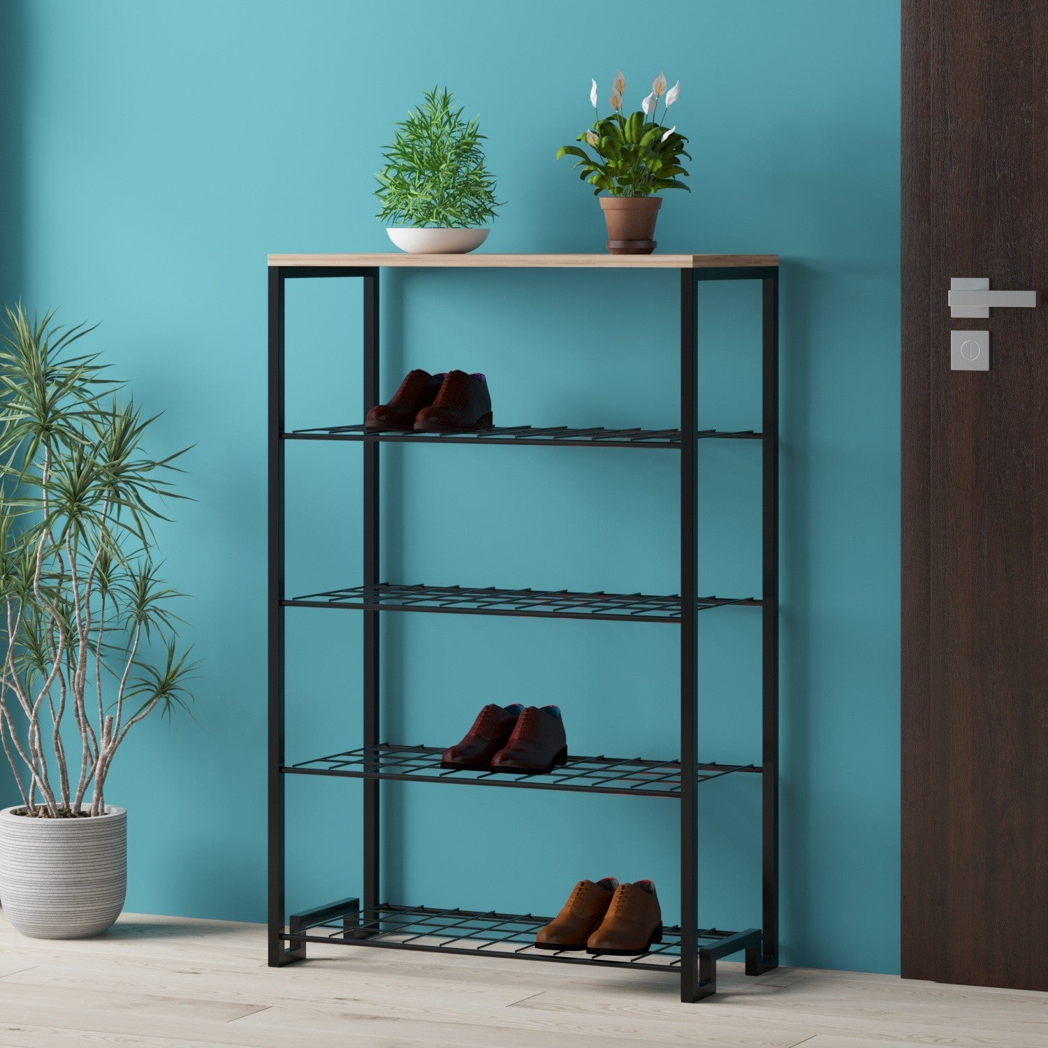 Sapateira estilosa, pinho atlântico e preto, 30 x 72 x 109 cm | Painel de partículas 100% revestido em melamina e estrutura de metal | Solução de armazenamento durável e moderna