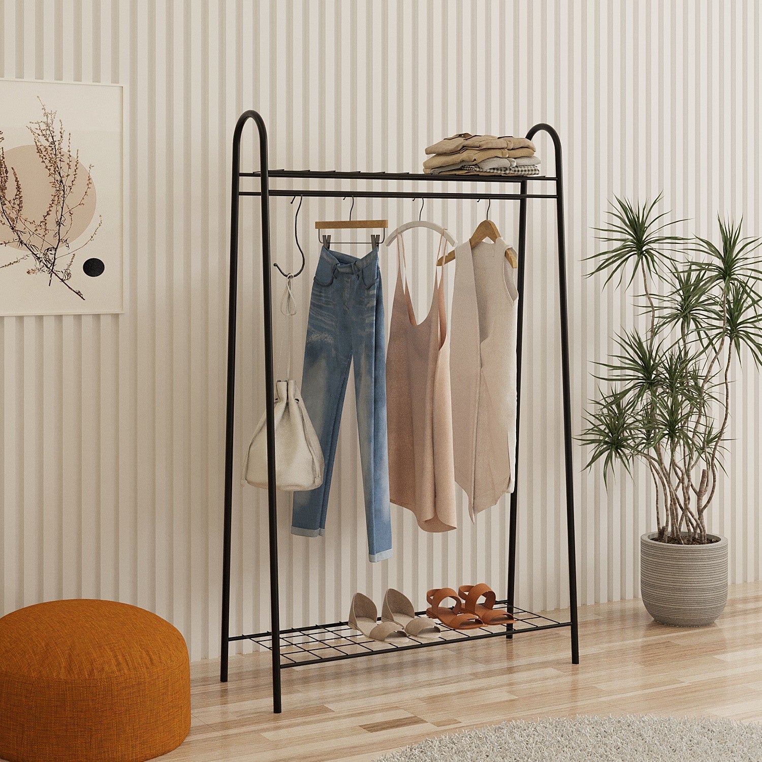 Cabide estiloso de metal preto, 144,5 cm de largura, 89 cm de altura, 32,5 cm de profundidade | Estrutura 100% metálica durável, 7 mm de espessura | Perfeito para entradas e corredores
