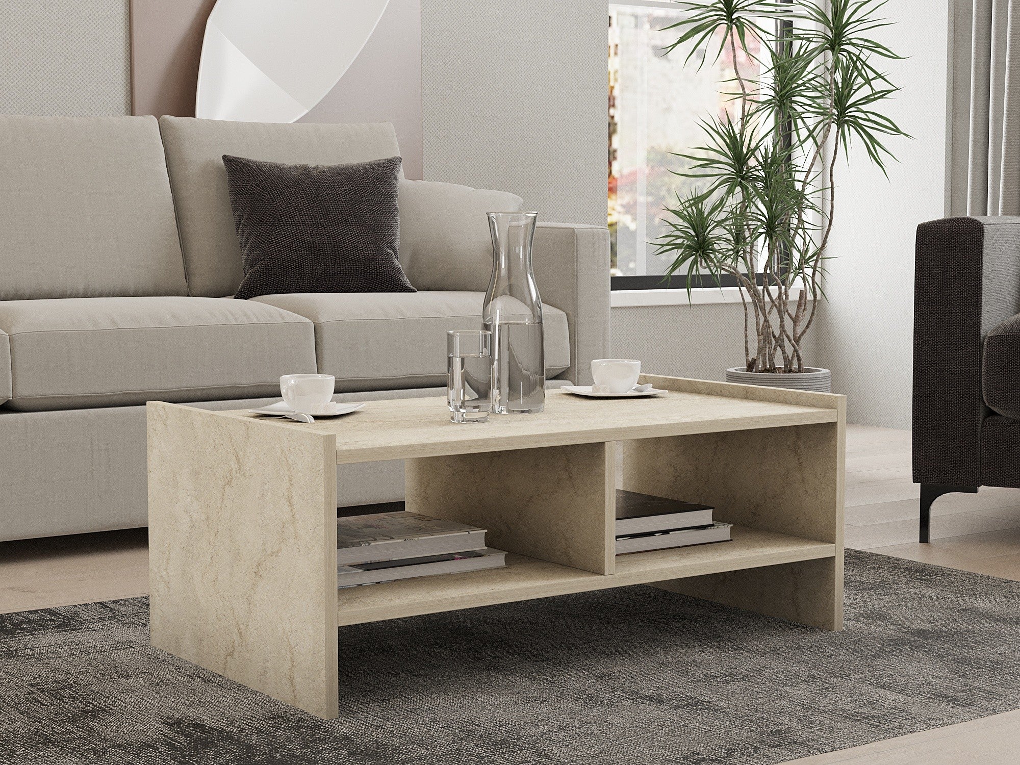 Mesa de Centro Elegante, Cor Travertino, 90 x 35 x 50 cm | Painel de Partículas 100% Revestido em Melamina, 18 mm de Espessura | Design Elegante em Mármore para Espaços Modernos